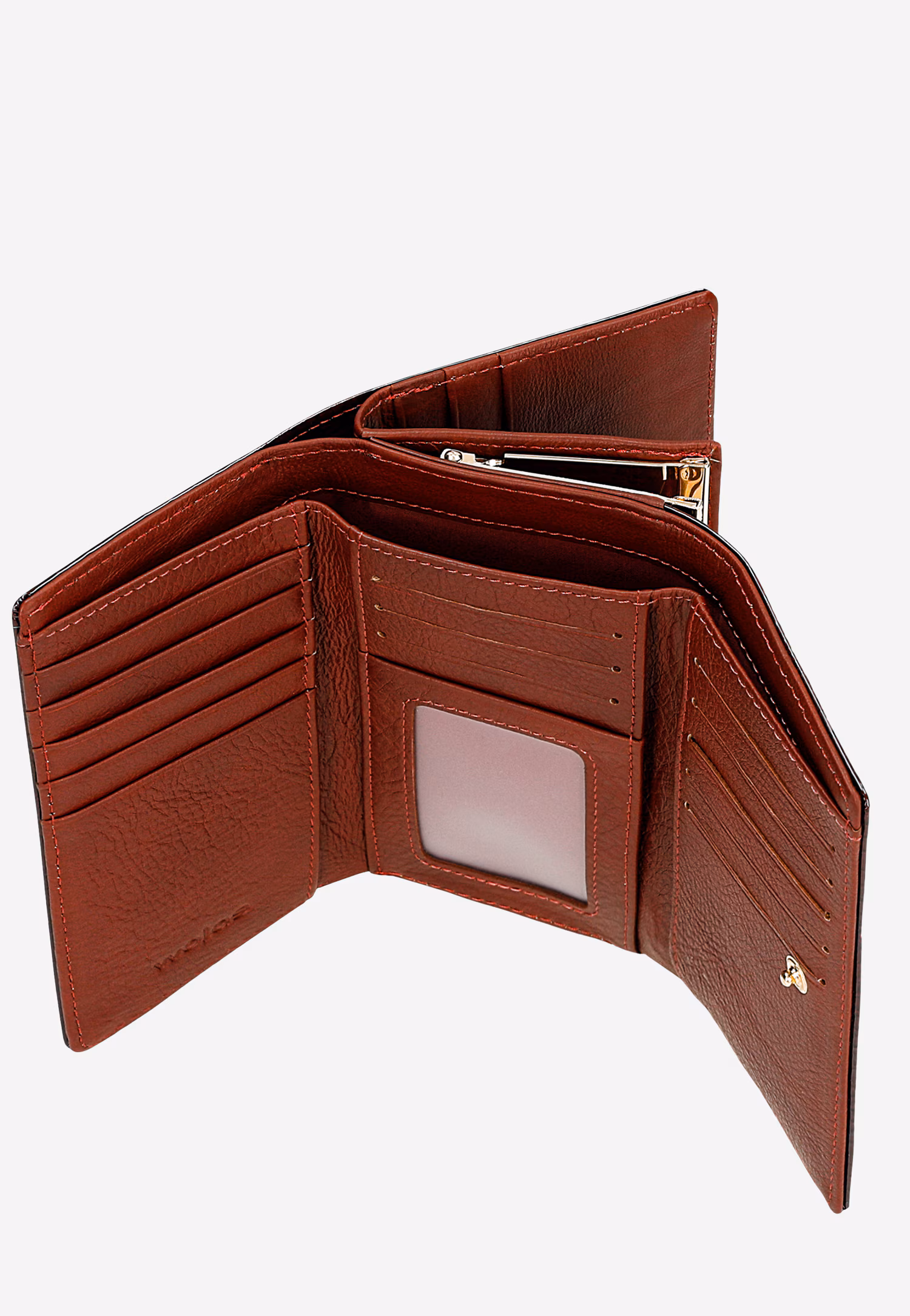 Beżowy lakierowany portfel damski zapinany na zatrzask