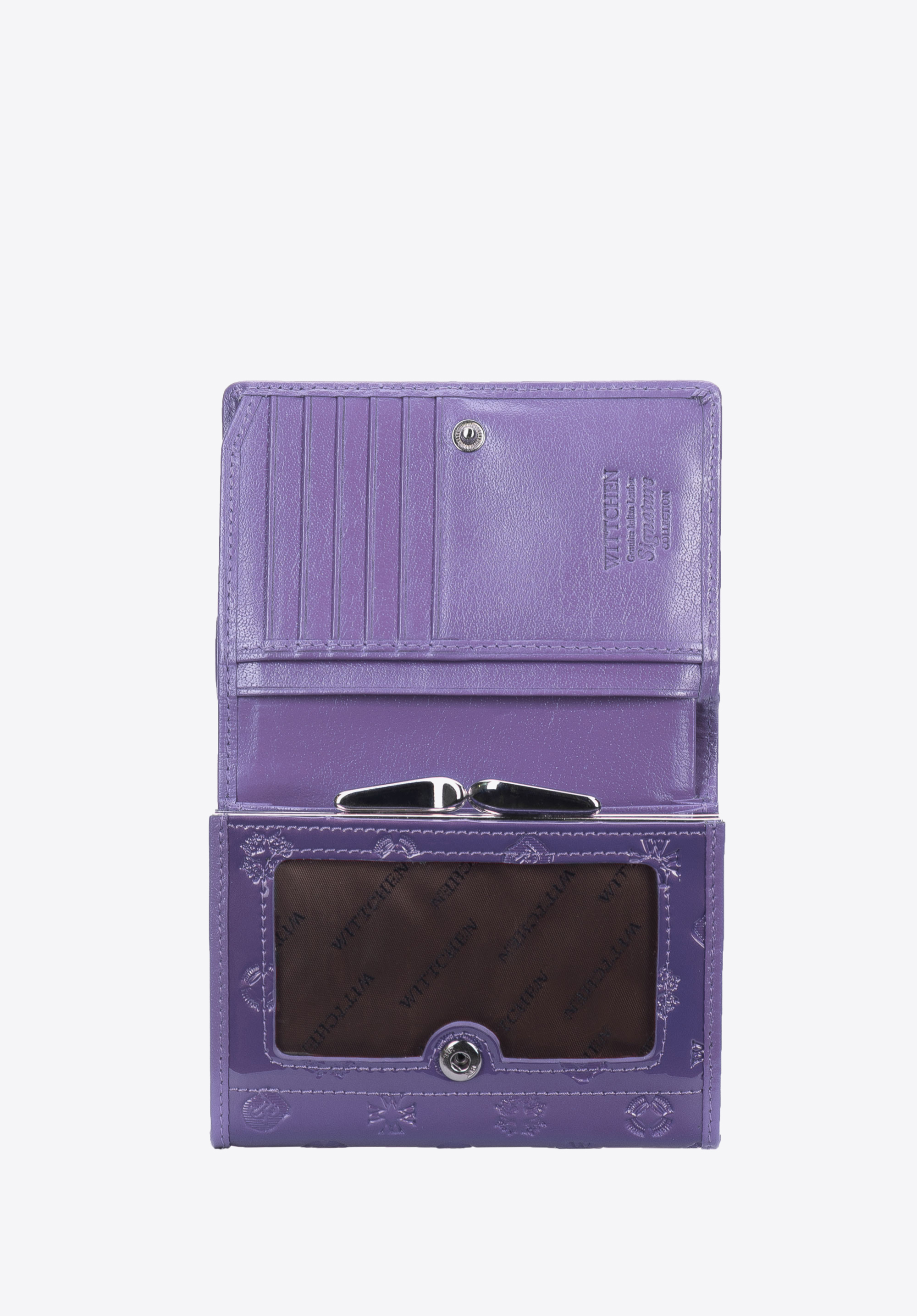 Damski portfel z lakierowanej skóry z monogramem mały