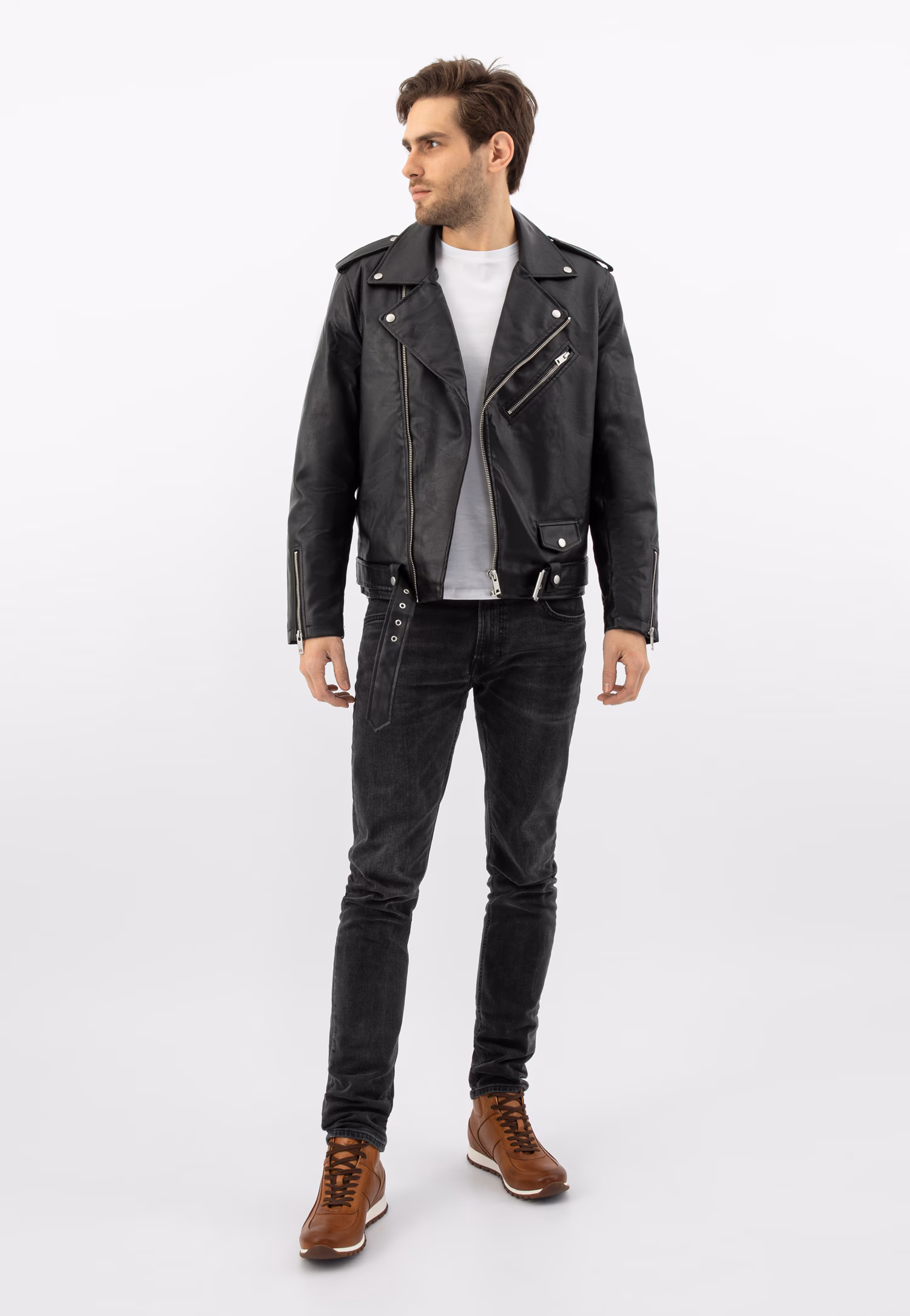 Jasnobrązowe skórzane trzewiki męskie typu sneakersy