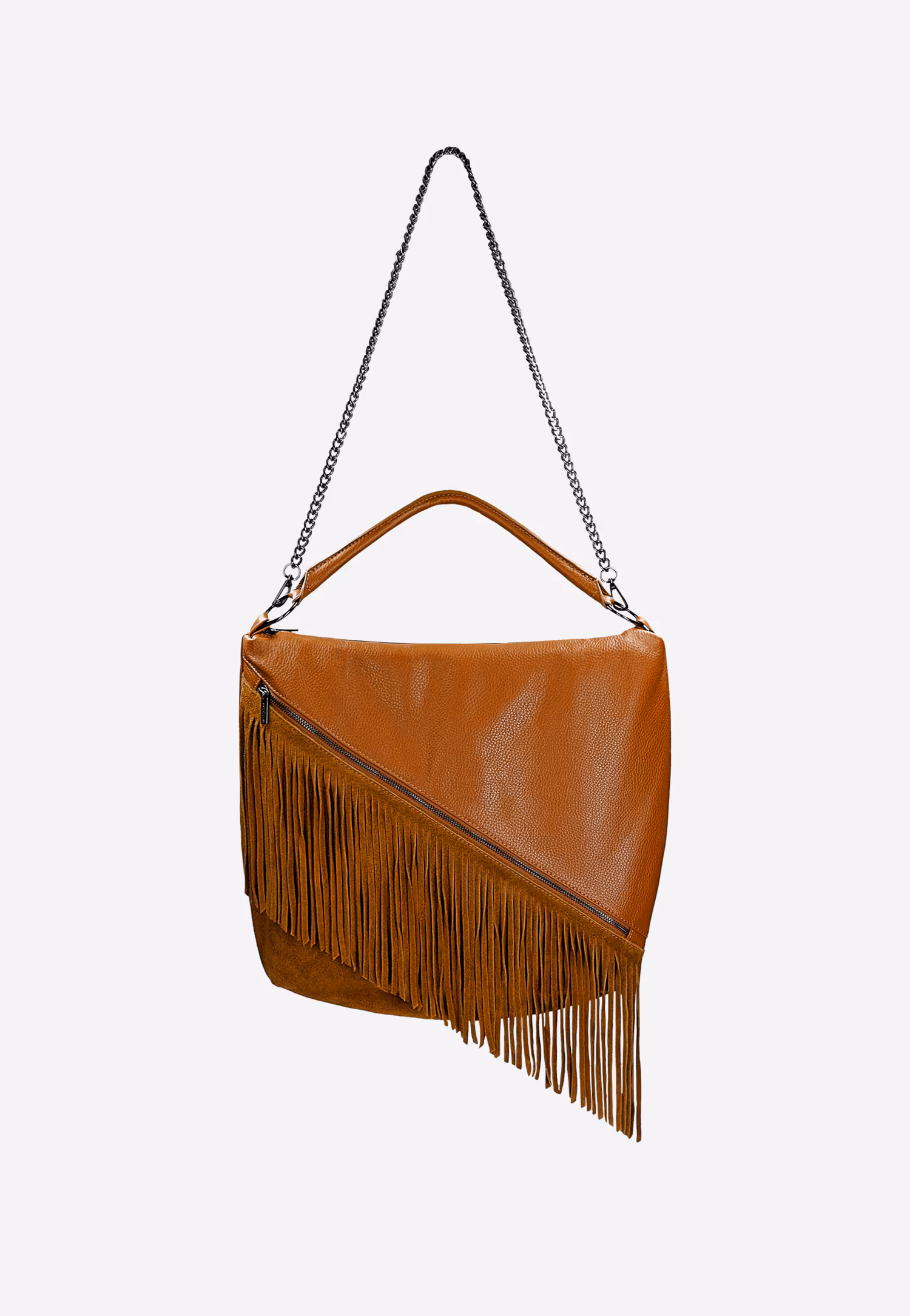 Jasnobrązowa skórzana torebka damska z frędzlami i łańcuchem