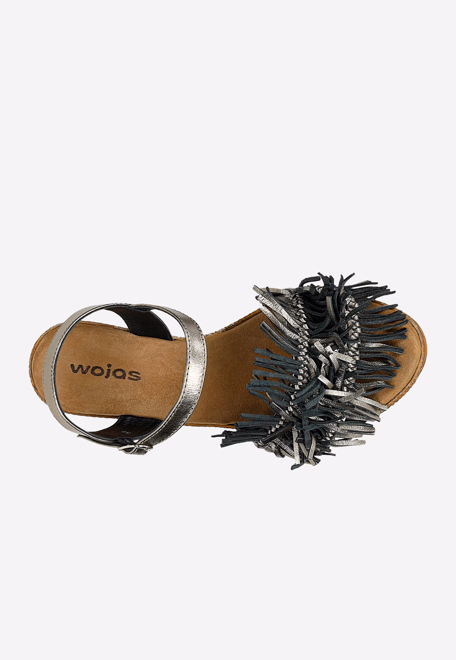 Metaliczne sandały na wysokiej koturnie z ozdobą na pasku