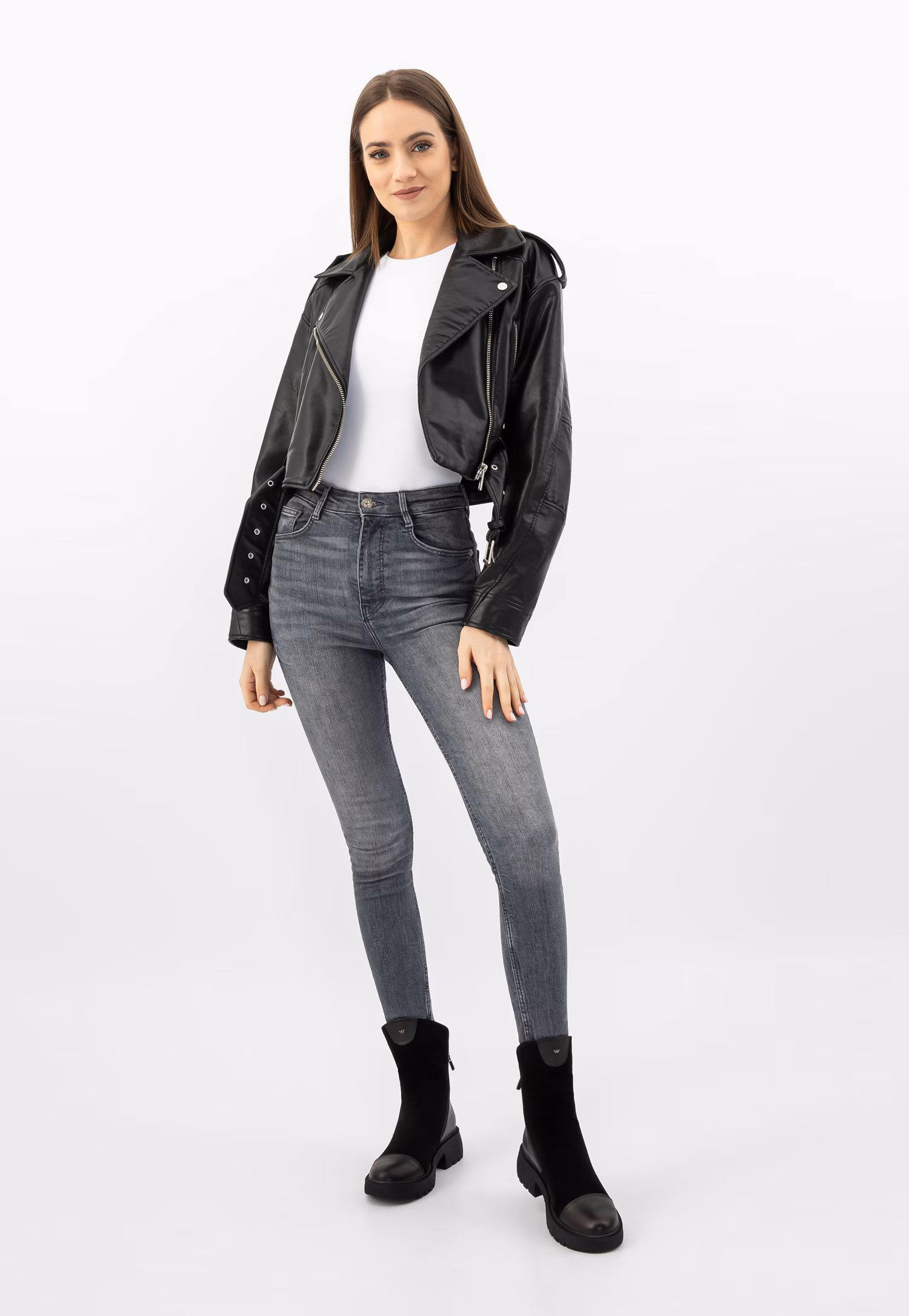 Czarne botki damskie z łączonych skór z ozdobnym zamkiem