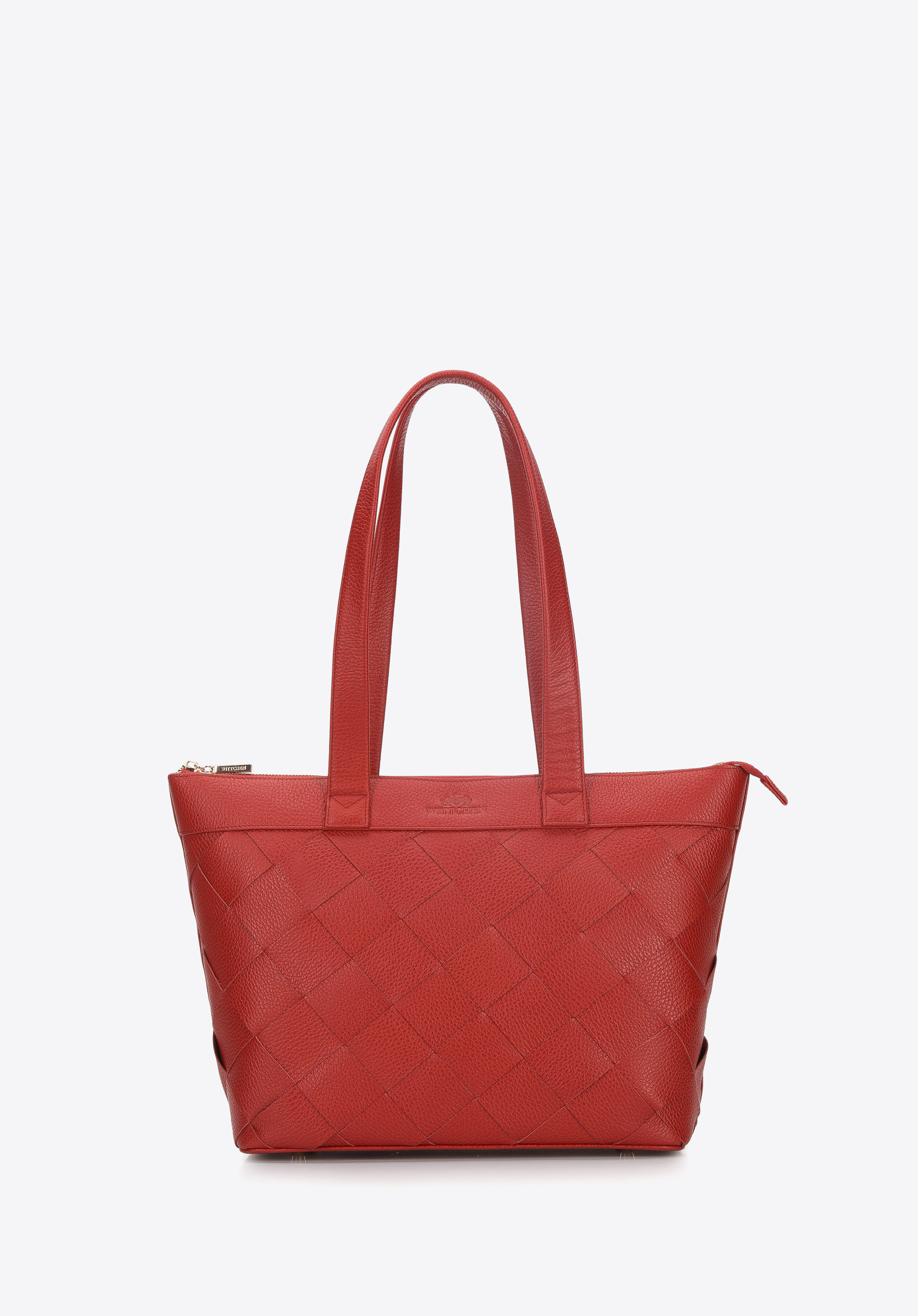 Damska shopperka skórzana trapezowa z plecionką