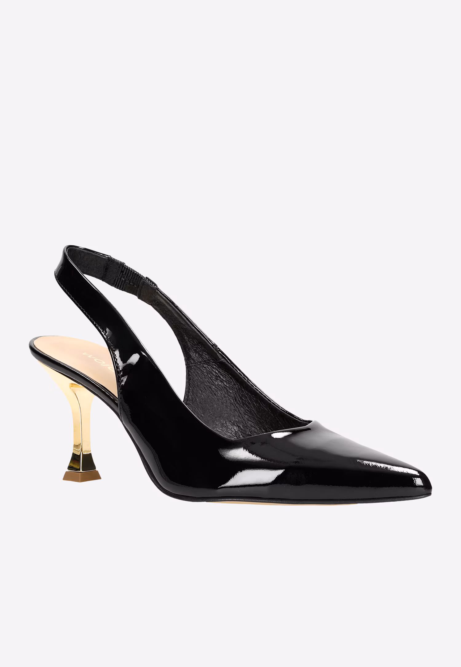 Czarne lakierowane czółenka damskie ze złotym fantazyjnym obcasem