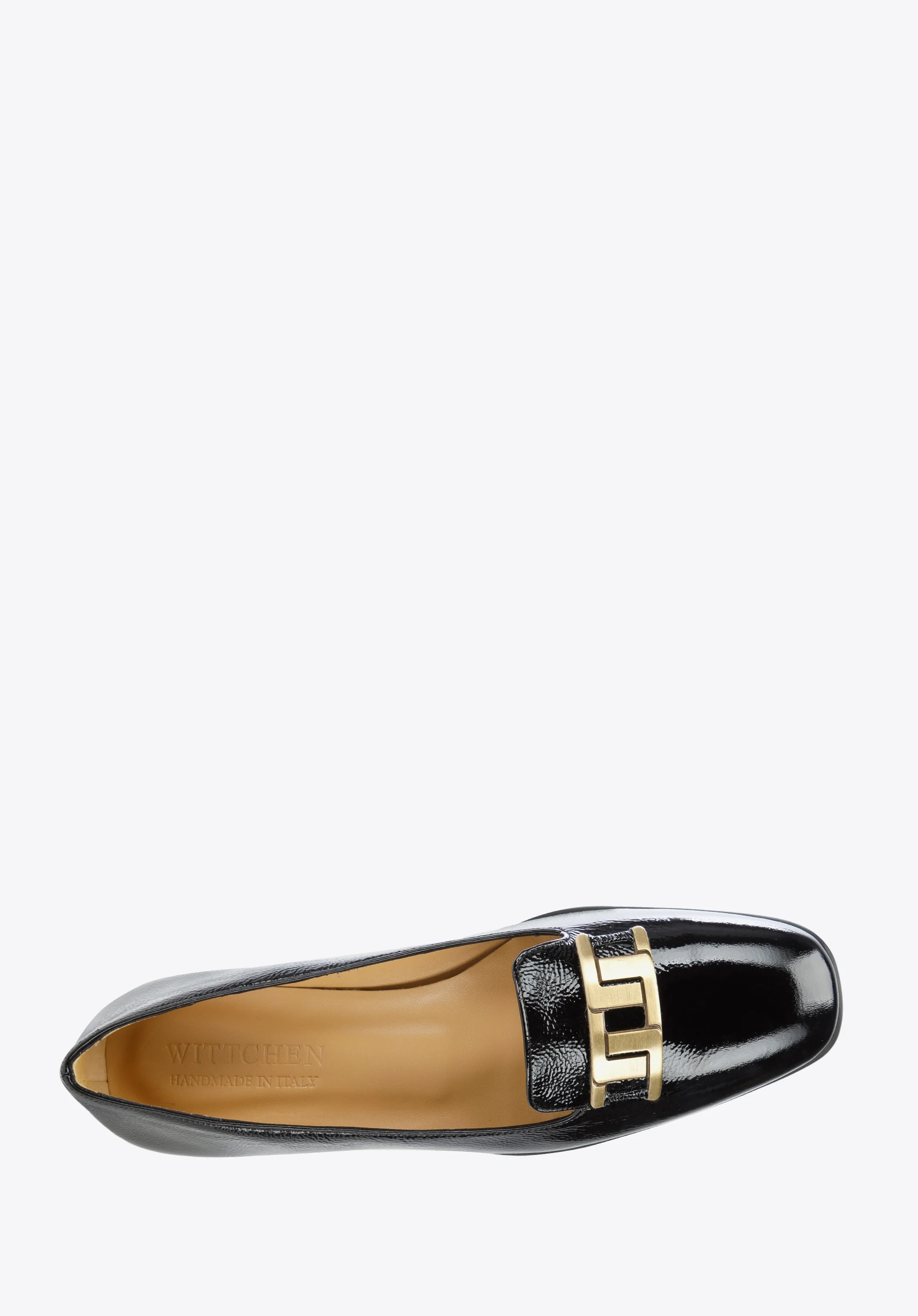 Damskie czółenka z lakierowanej skóry z geometryczną ozdobą