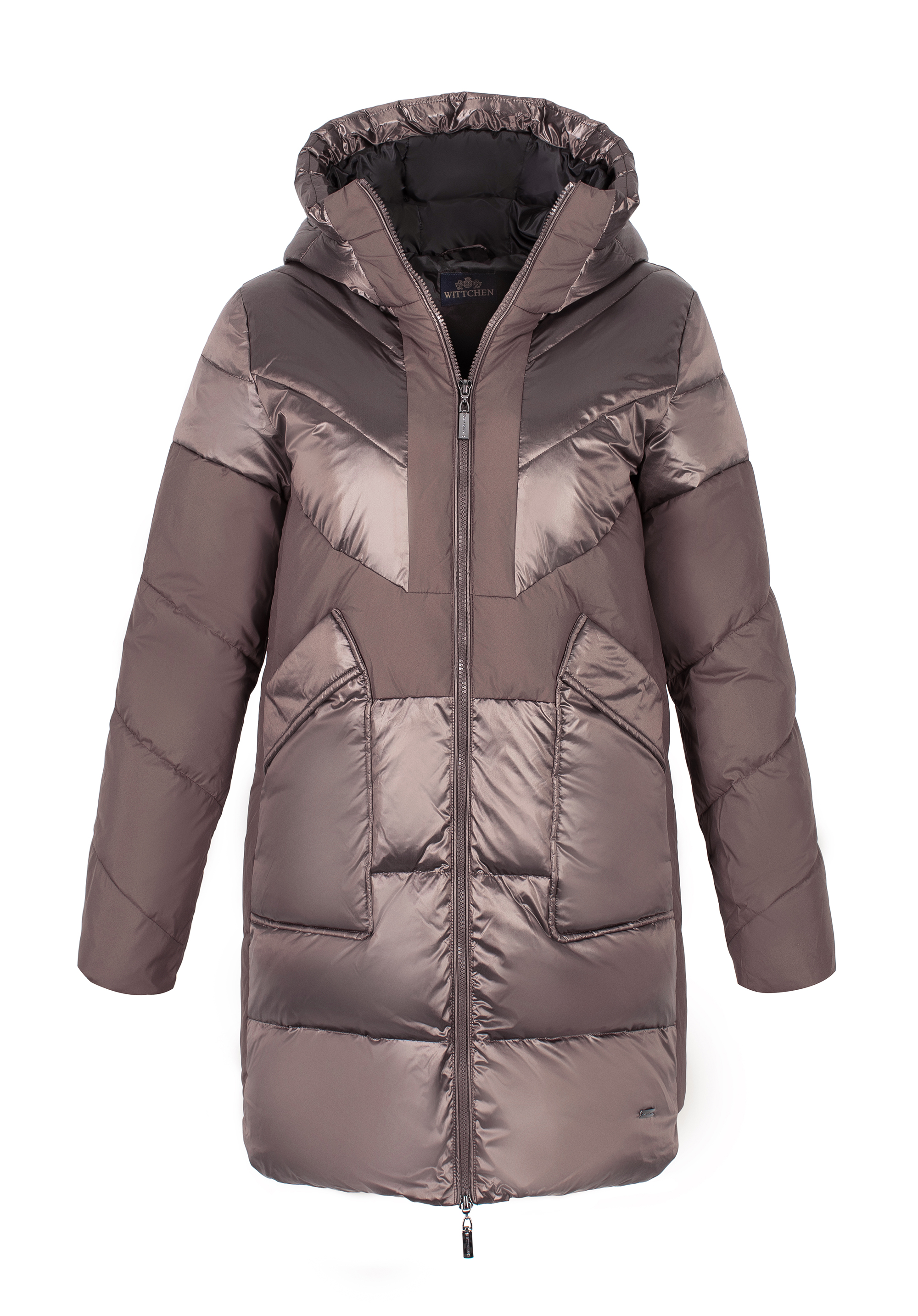 Damski płaszcz puchowy z łączonych materiałów z kapturem