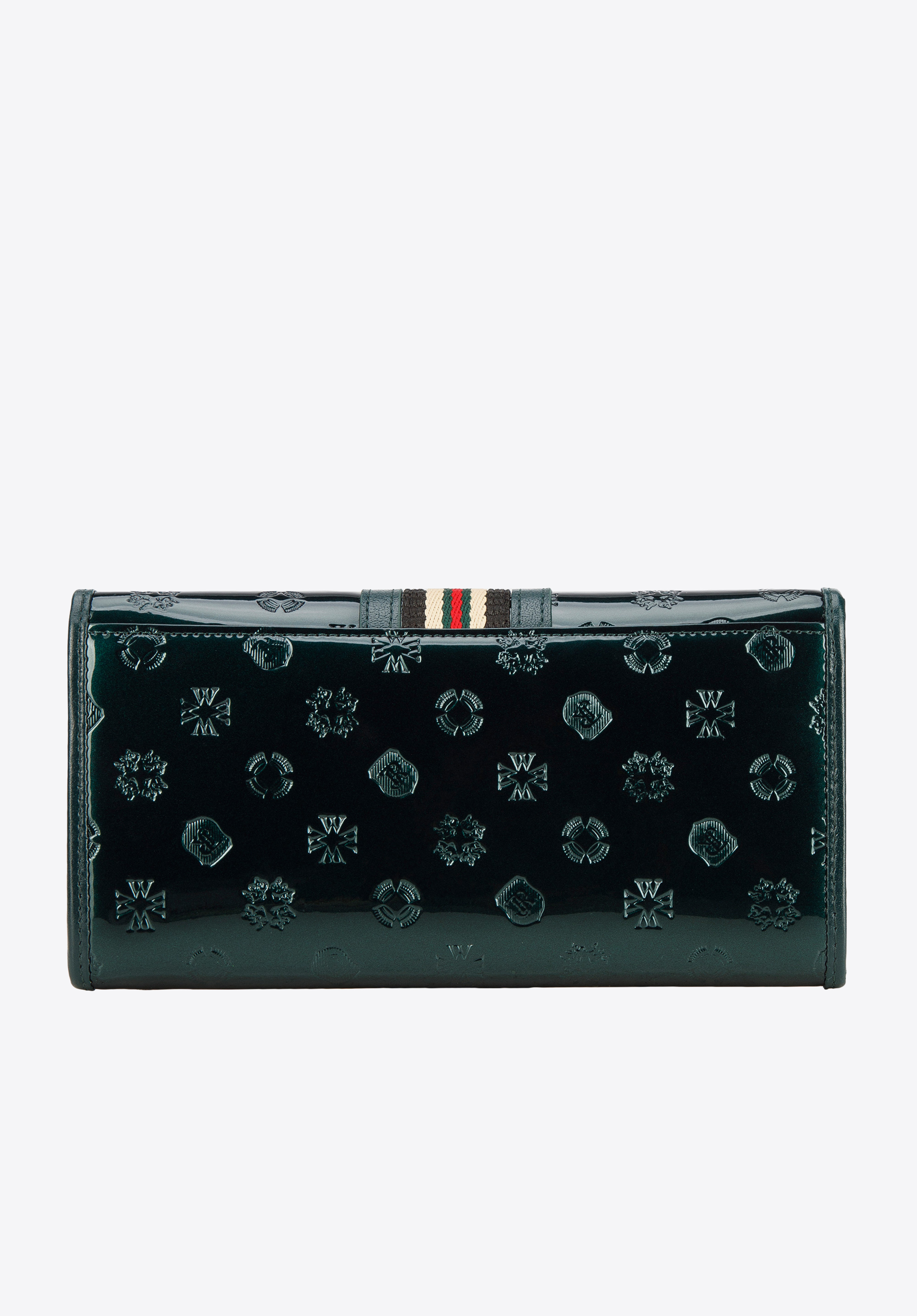 Damski portfel z lakierowanej skóry z monogramem i tasiemką