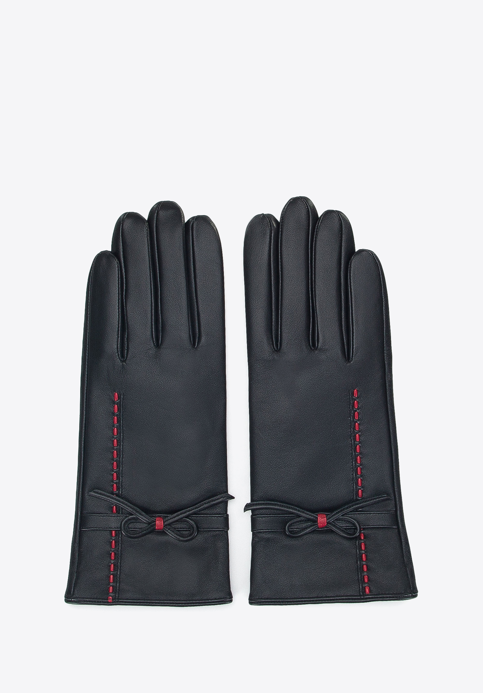 Damskie rękawiczki skórzane z kokardką i stębnowaniem