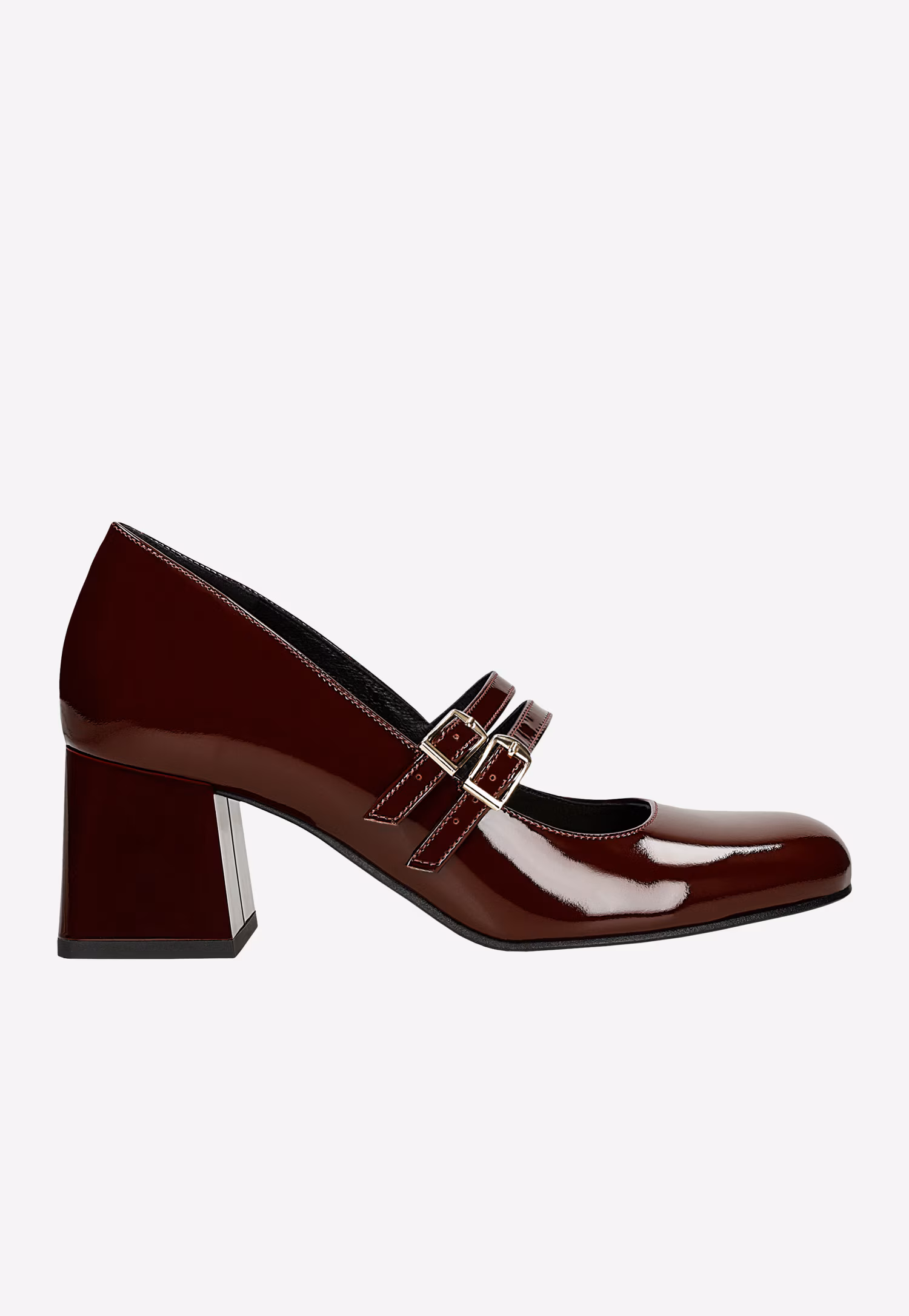 Bordowe lakierowane czółenka Mary Jane na szerokim słupku