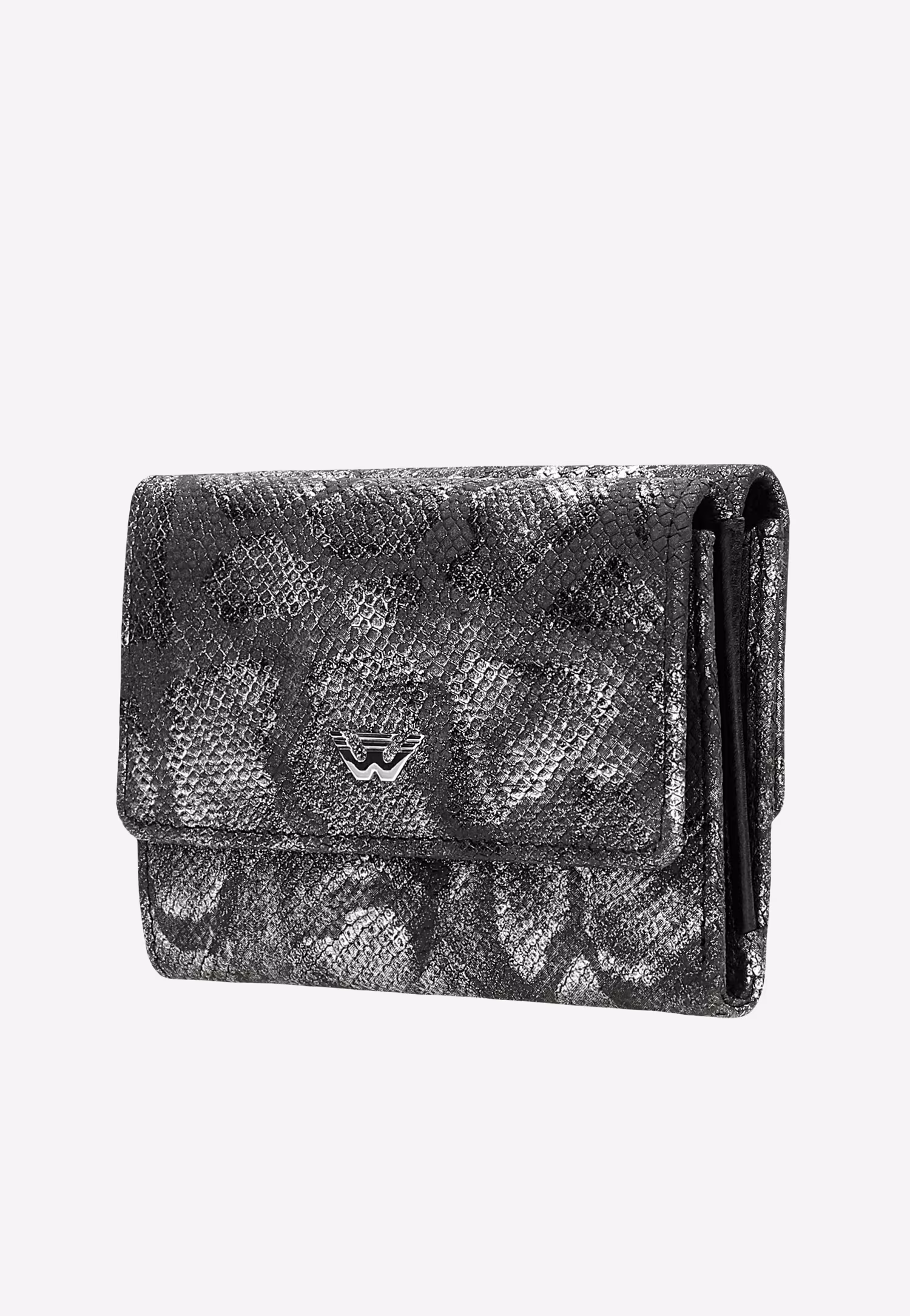 Mały srebrno-czarny portfel damski w zwierzęcy deseń