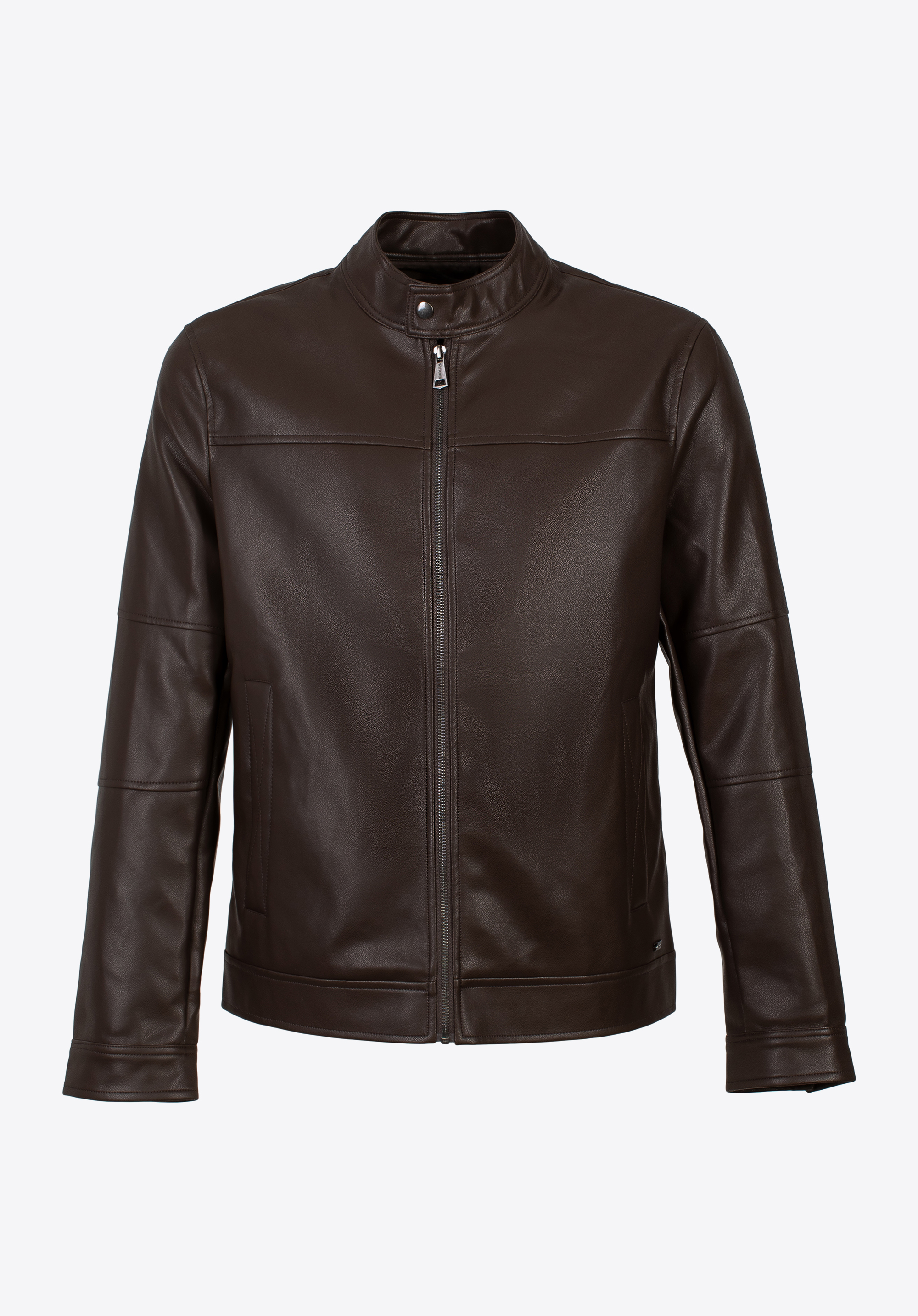 Męska kurtka z ekoskóry z ozdobnie obszytymi kieszeniami