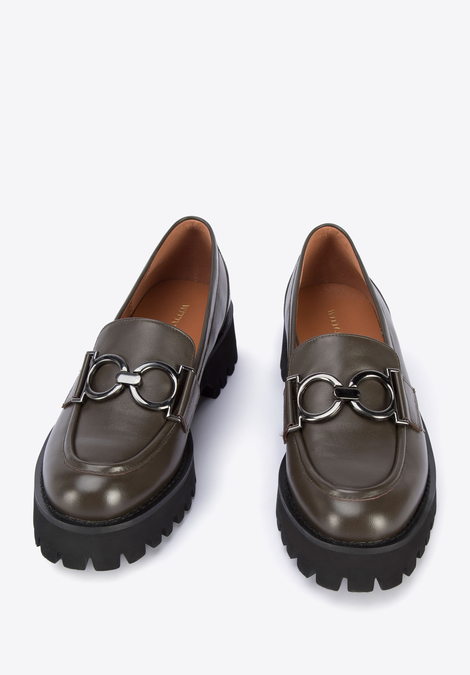 Damskie mokasyny ze skóry z klamrą na grubej podeszwie