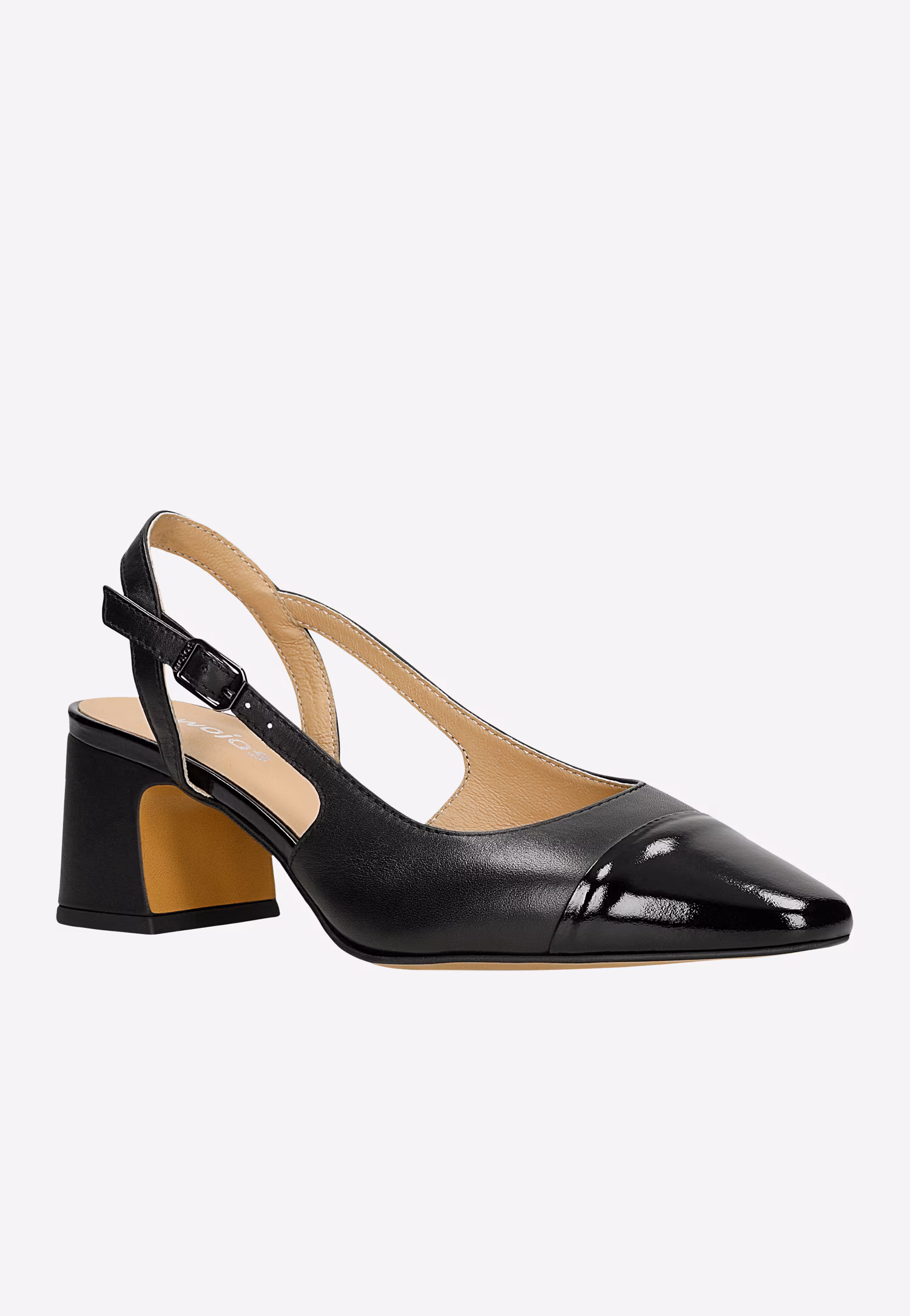 Beżowe skórzane czółenka na słupku z czarnym noskiem