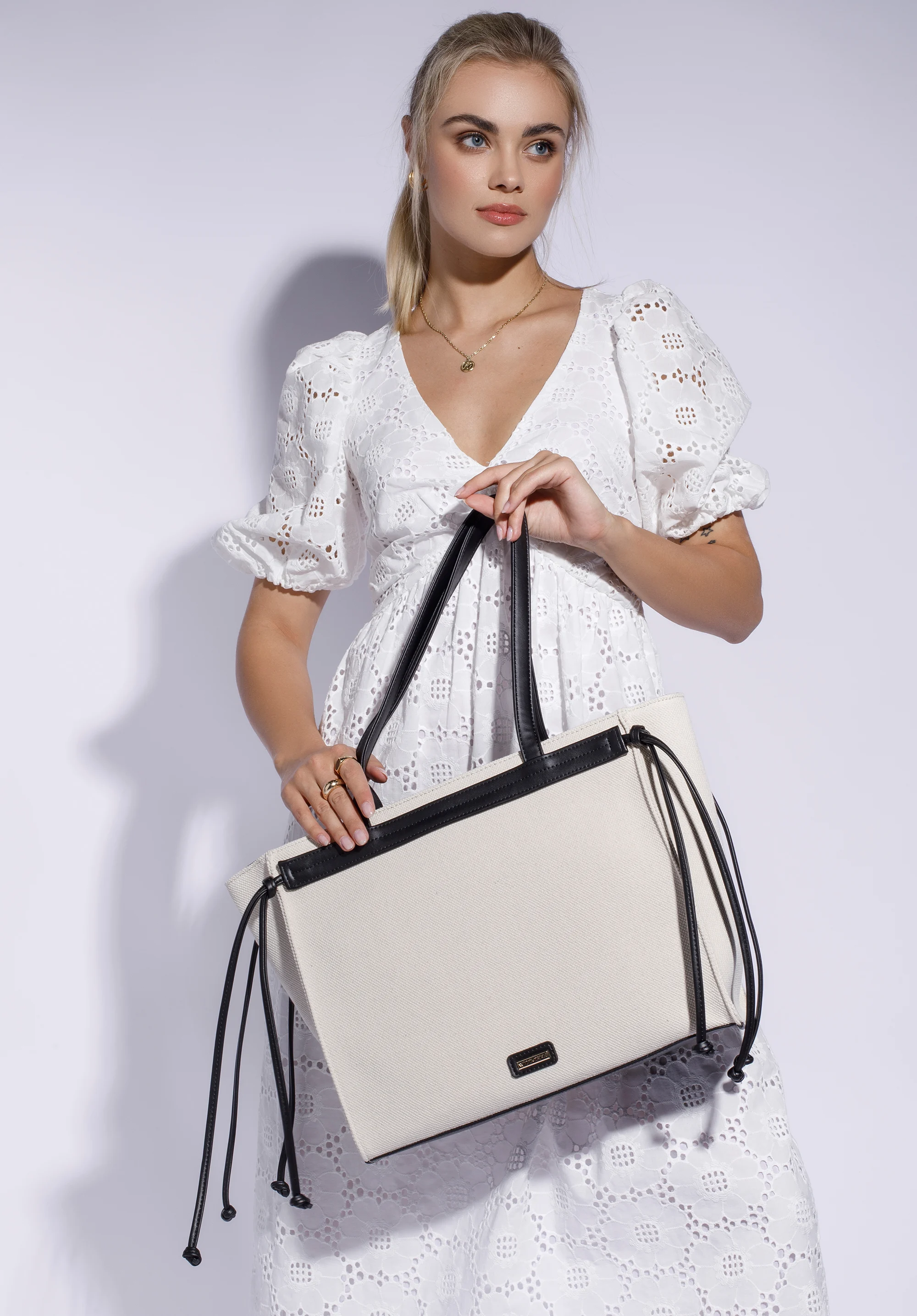 Torebka shopperka z bawełny z troczkami z ekoskóry