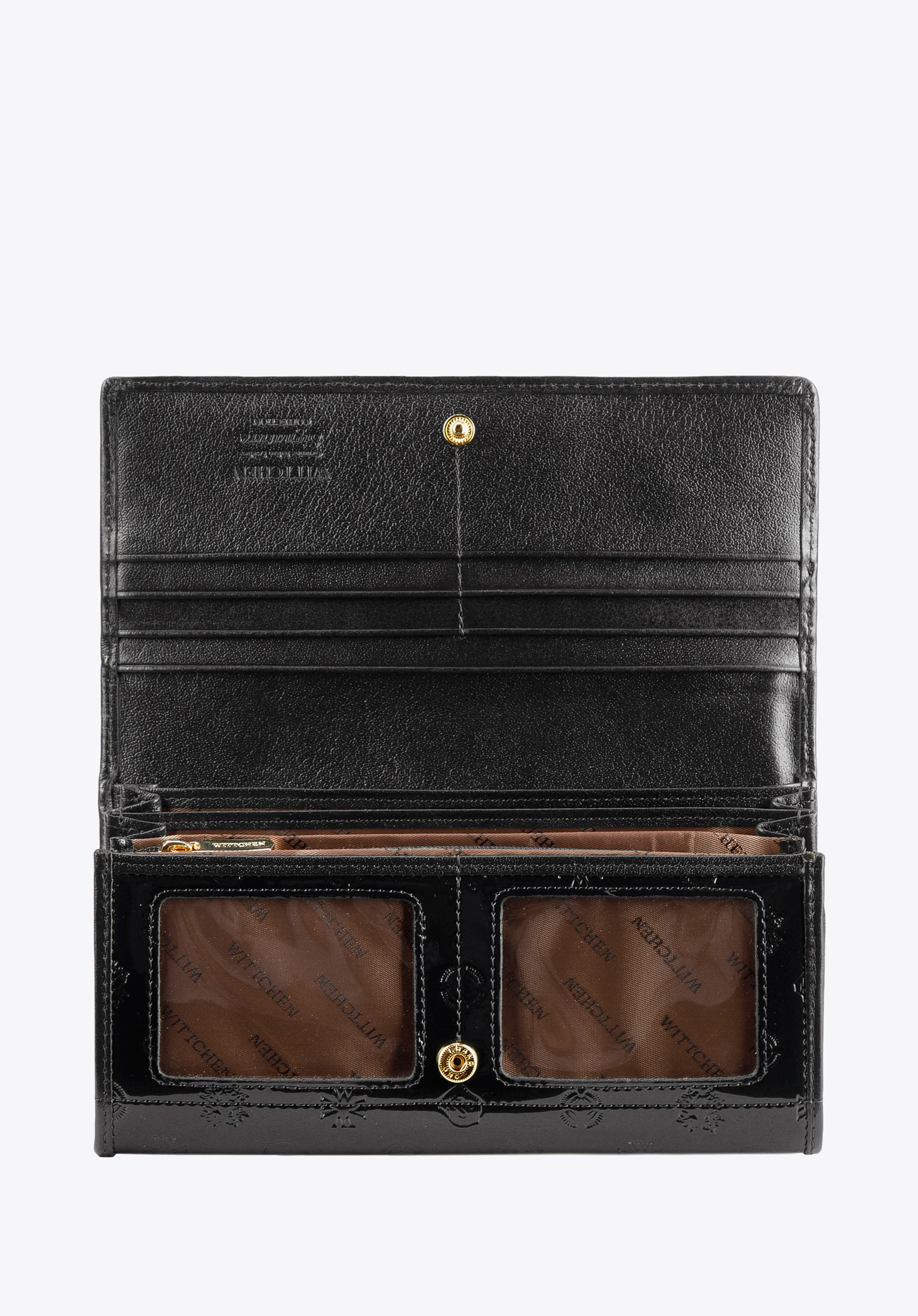 Damski portfel z lakierowanej skóry z monogramem i tasiemką