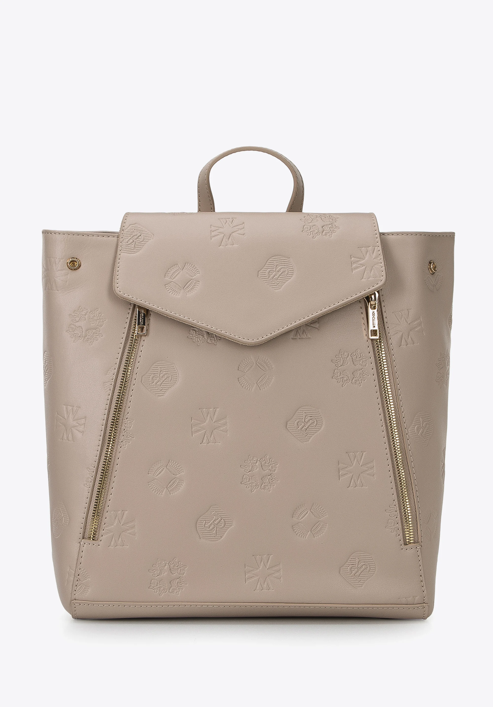 Damski plecak skórzany w monogram z pionowymi suwakami