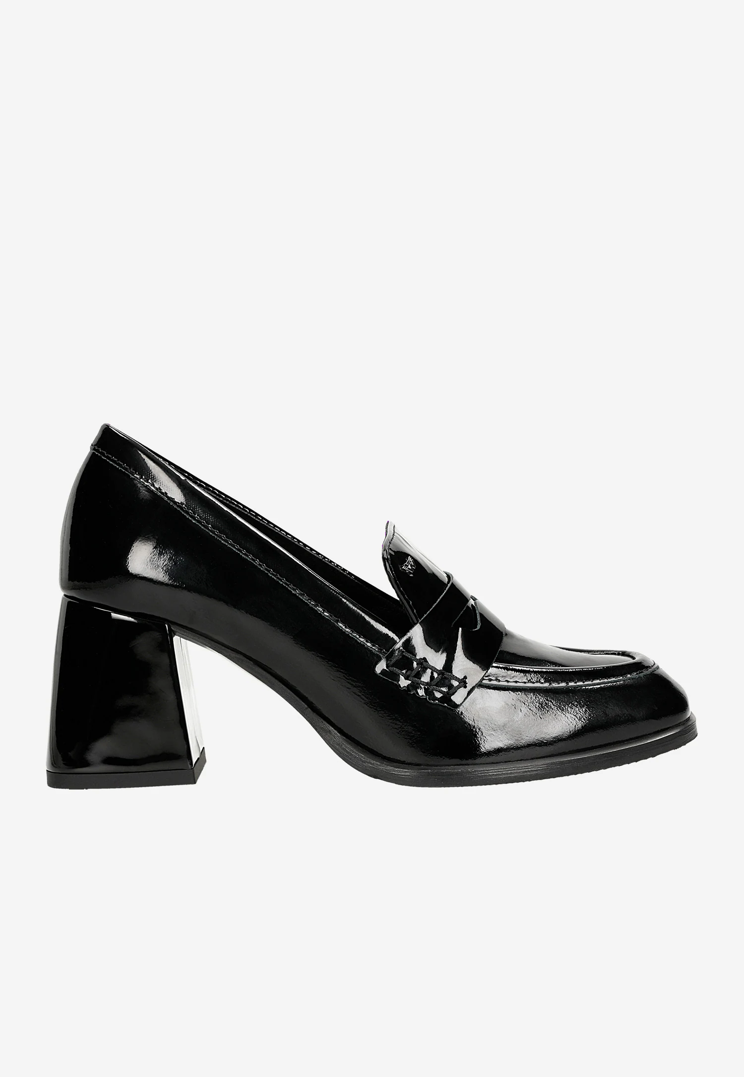 Czarne lakierowane mokasyny damskie na solidnym obcasie
