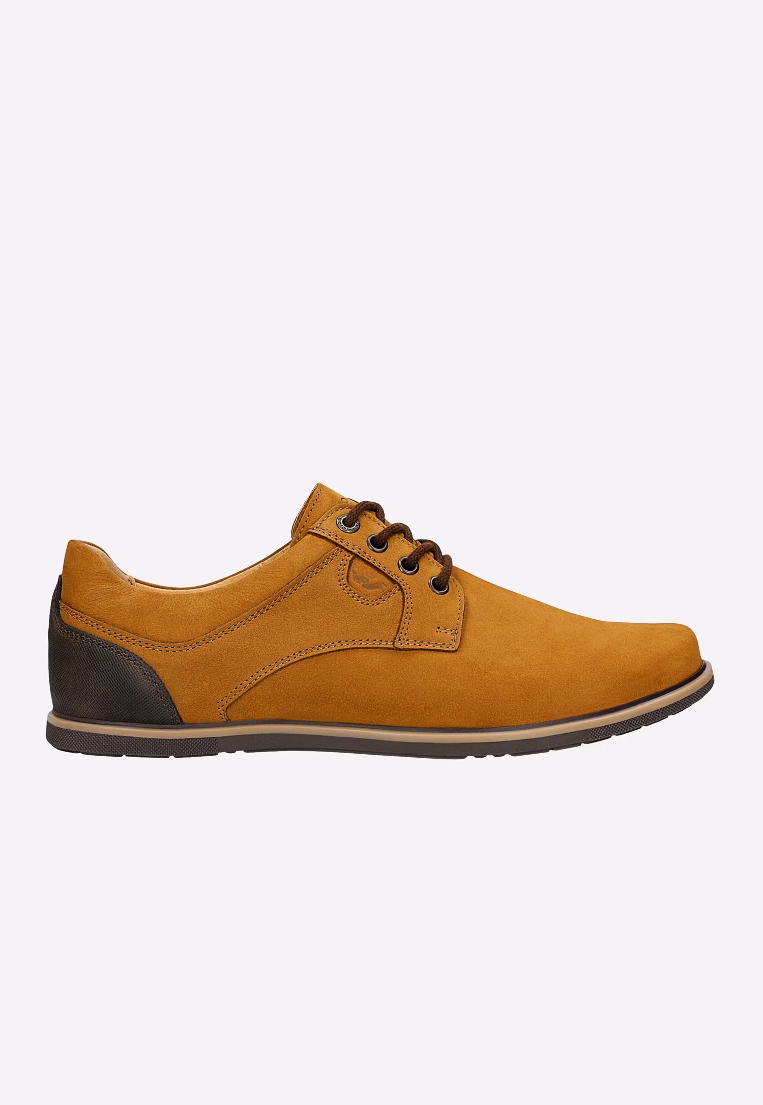 Brązowe półbuty męskie z granatową wstawką na pięcie