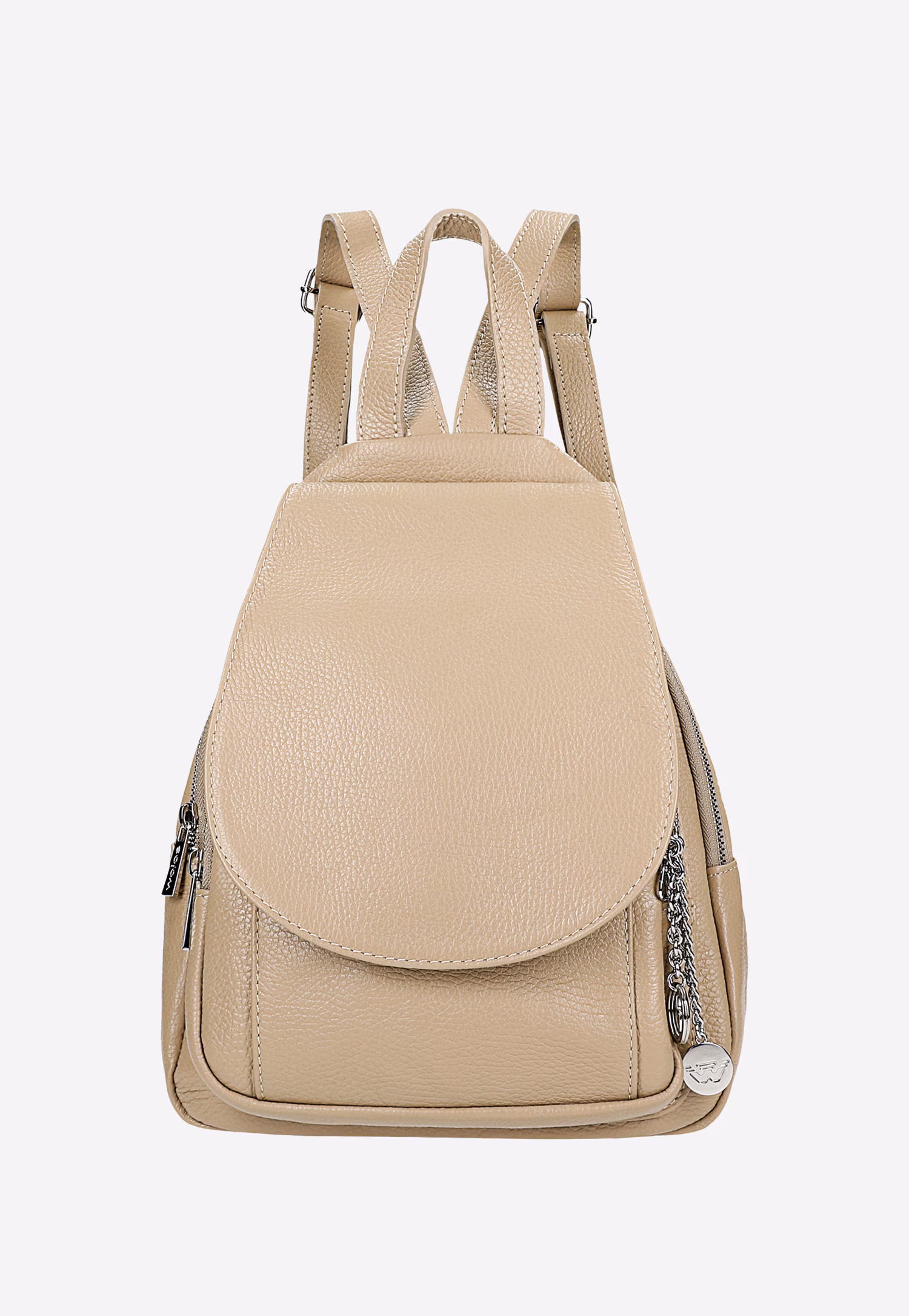 Beżowy skórzany plecak damski ze srebrną zawieszką