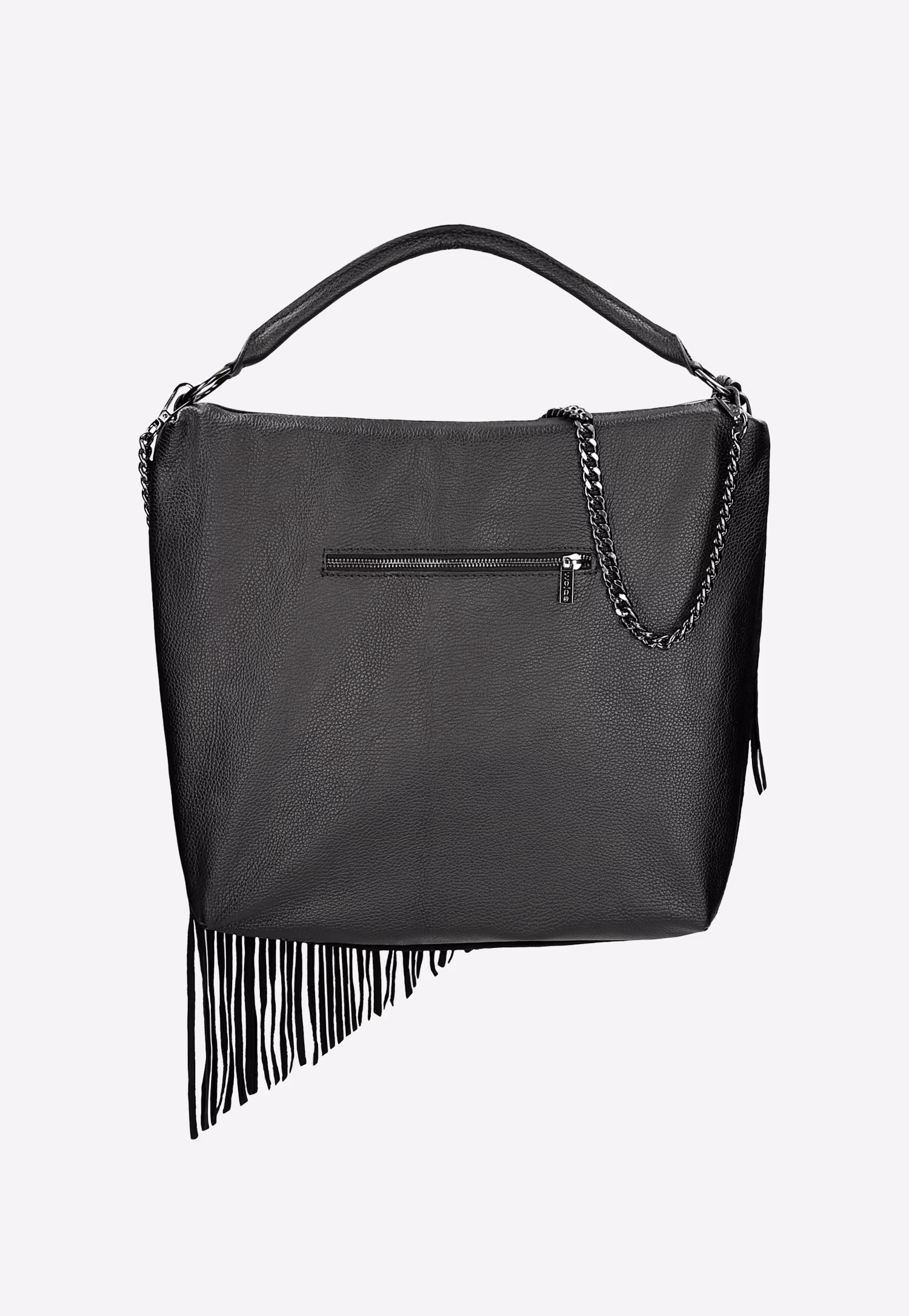 Jasnobrązowa skórzana torebka damska z frędzlami i łańcuchem