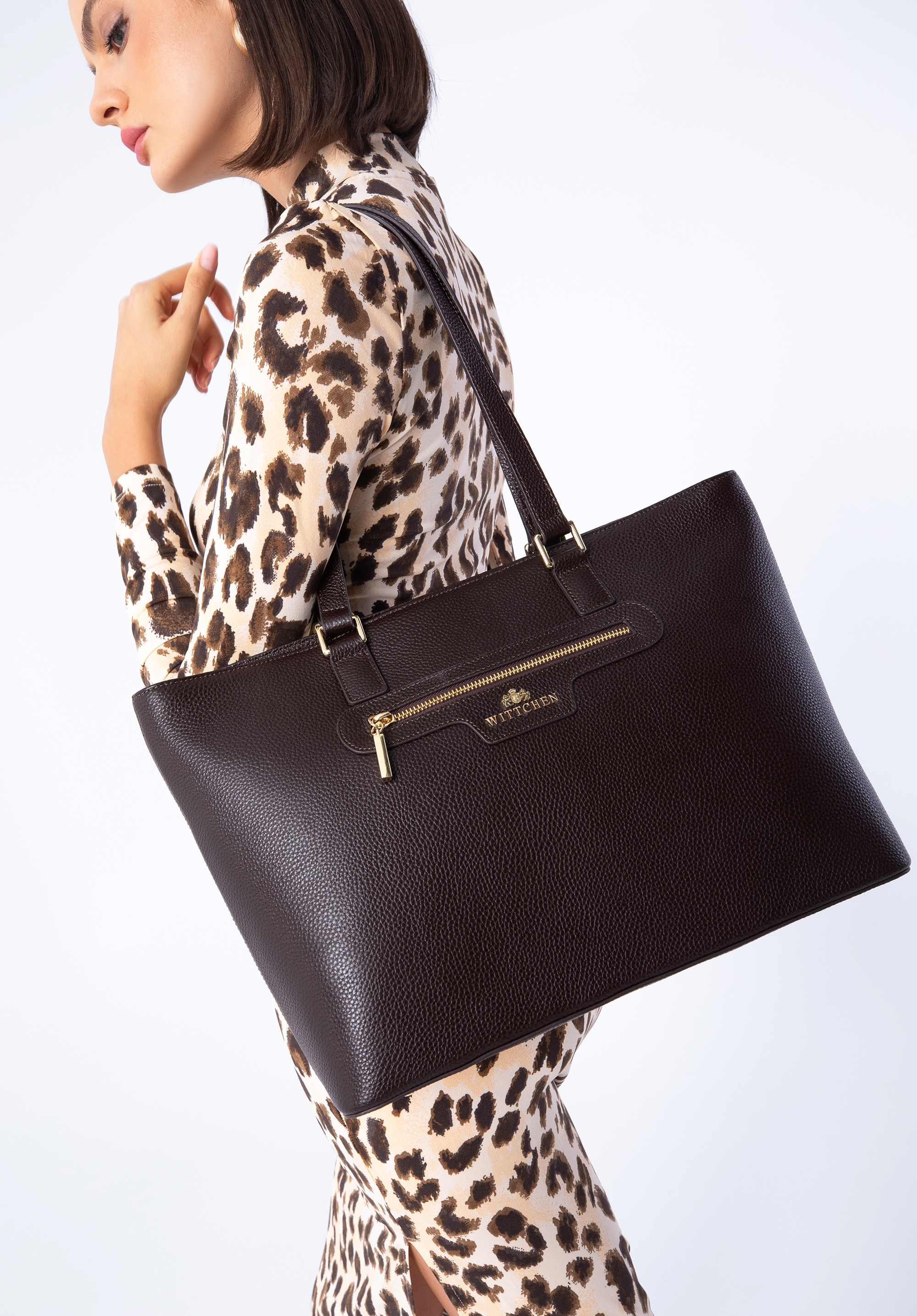 Torebka shopperka ze skóry z kieszenią z przodu