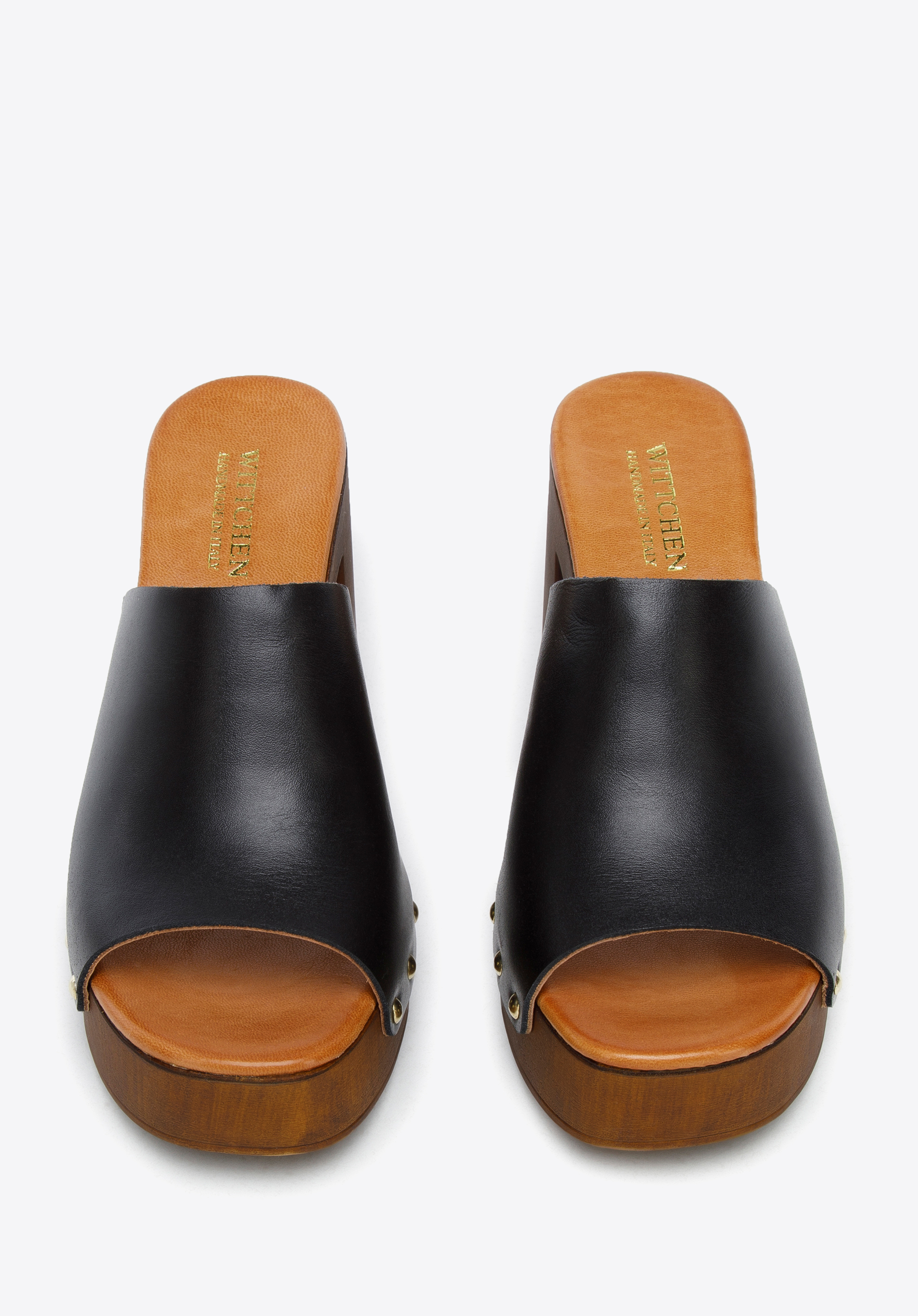 Damskie klapki skórzane na słupku z imitacji drewna