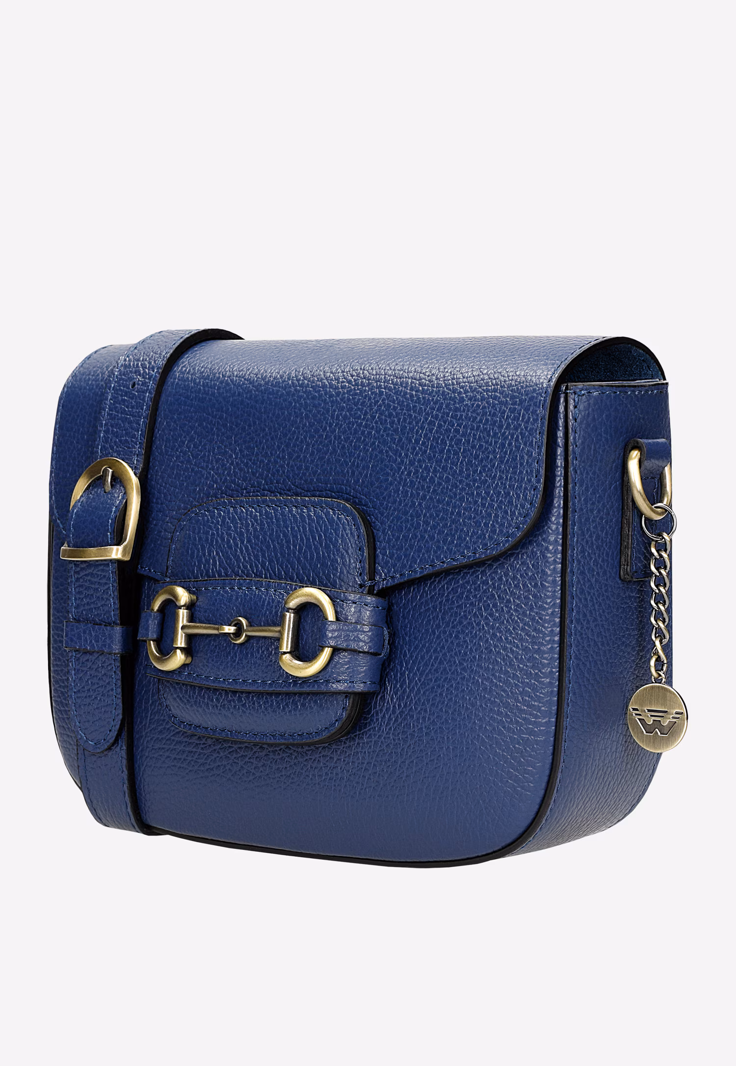 Granatowa skórzana torebka damska ze złotymi elementami