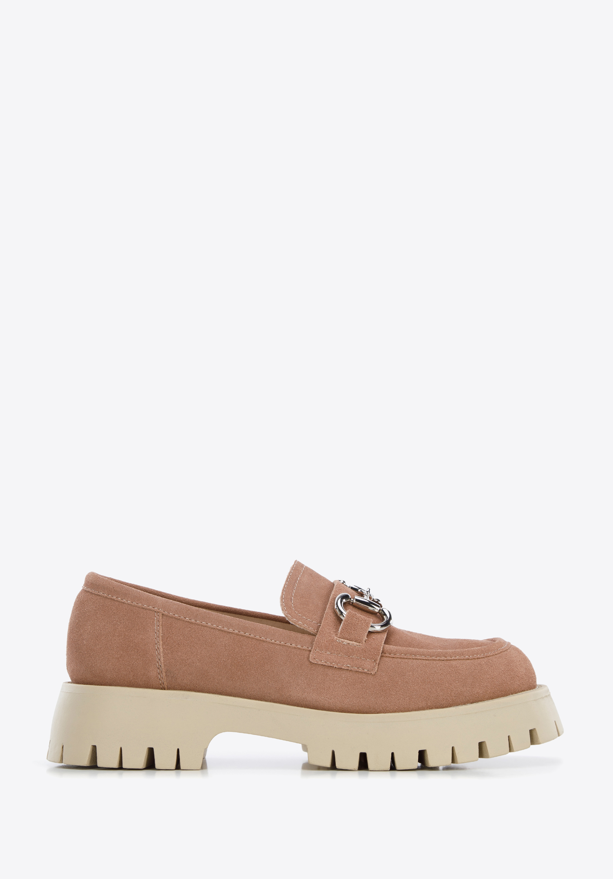 Damskie mokasyny zamszowe z klamrą na platformie