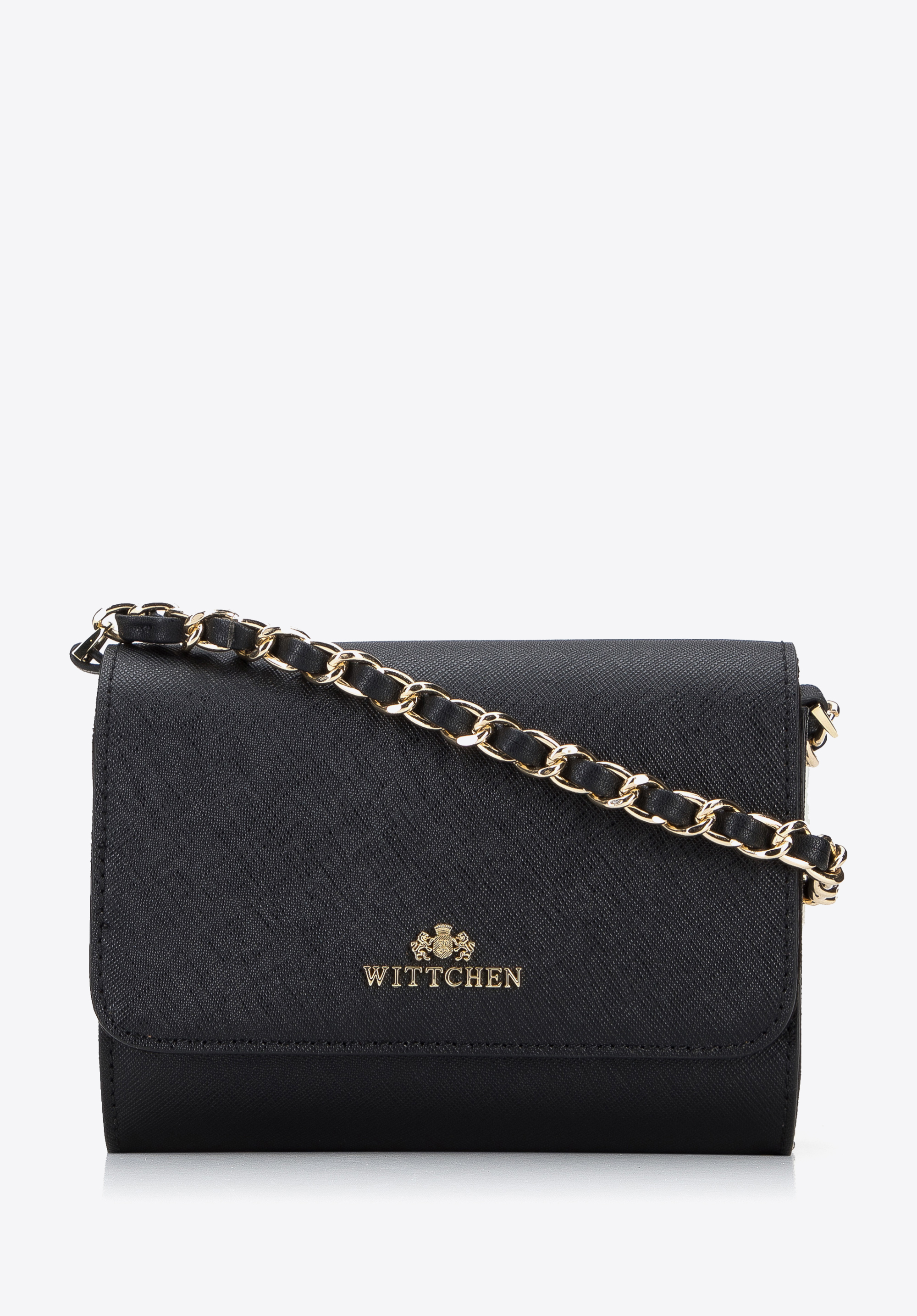 Minitorebka wieczorowa ze skóry saffiano na łańcuszku
