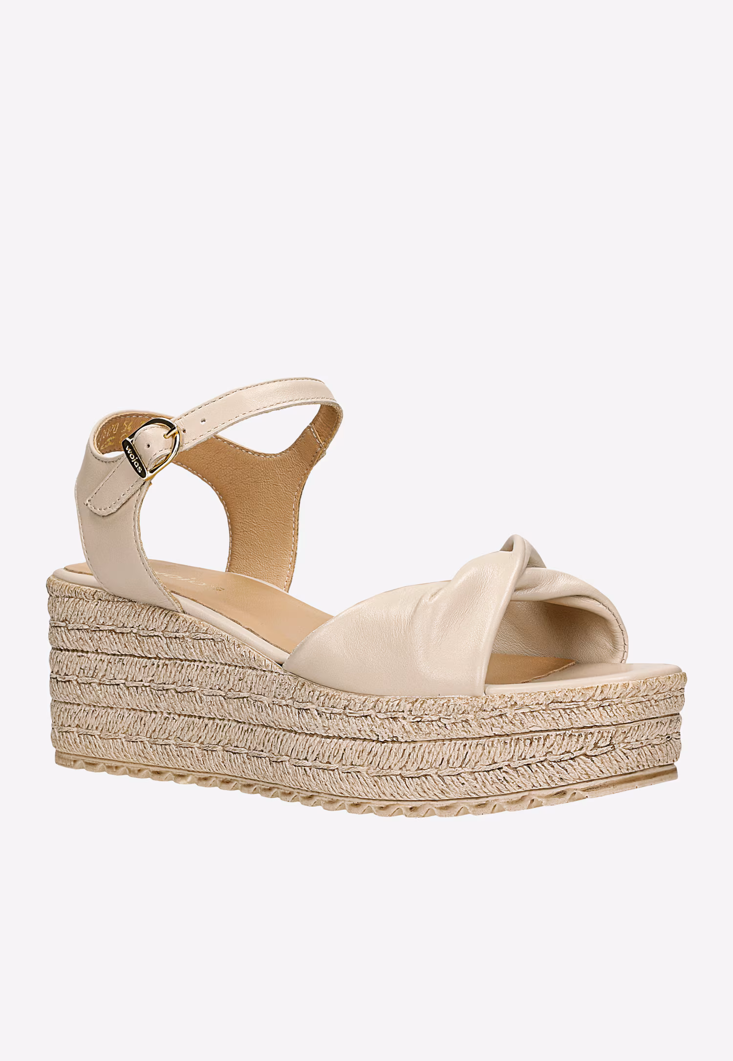 Beżowe skórzane sandały na koturnie