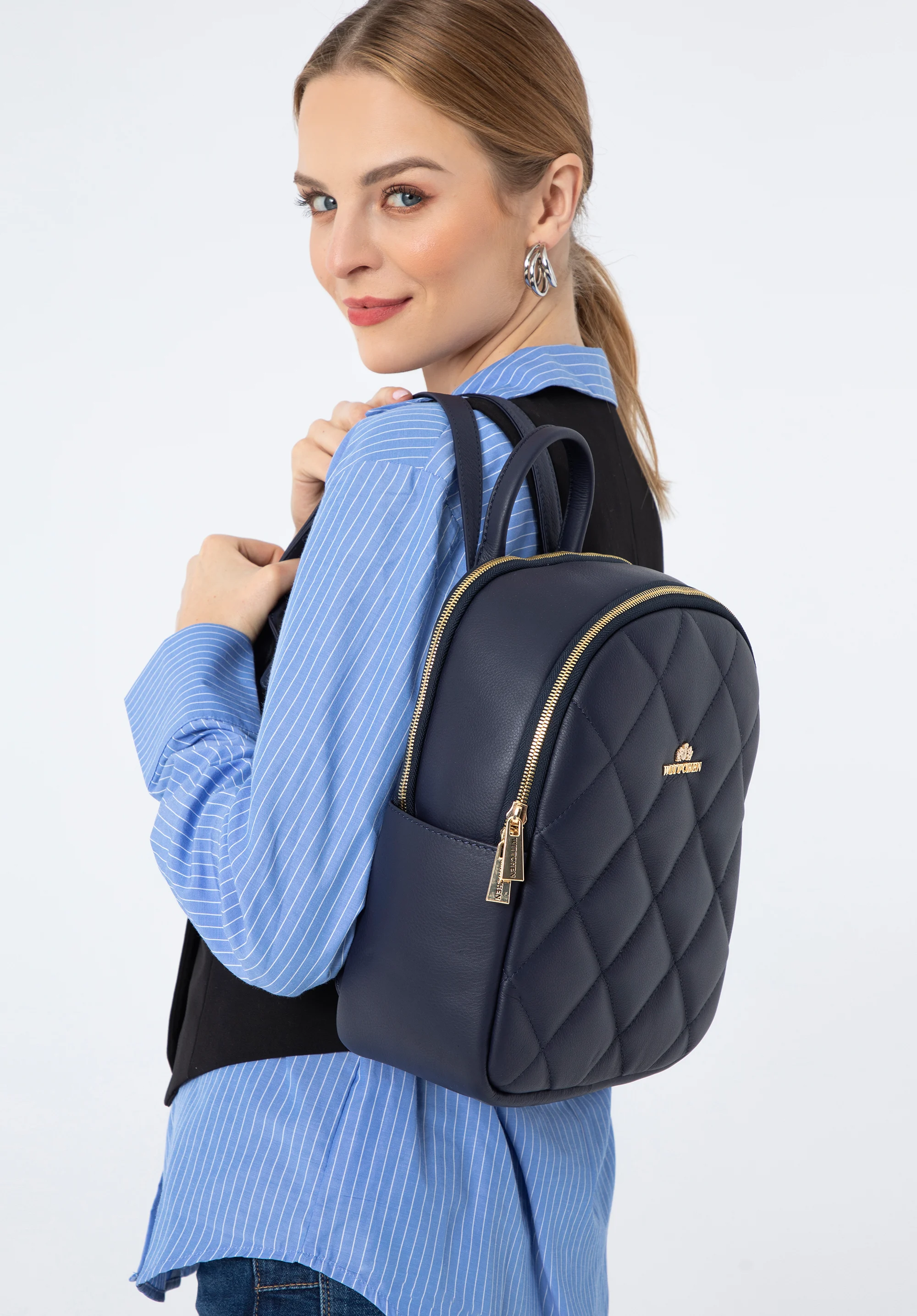 Damski plecak z pikowanej skóry dwukomorowy