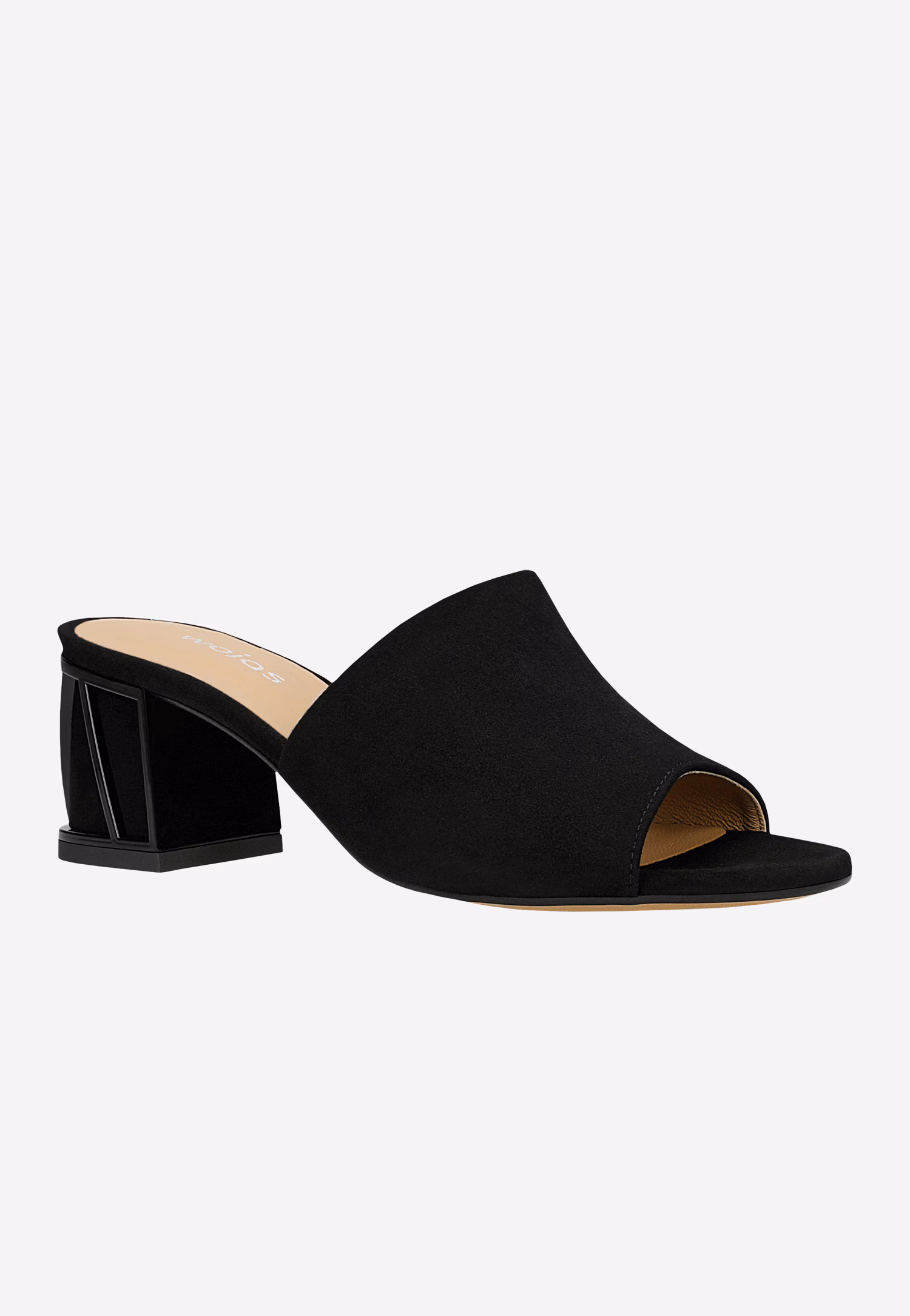 Czarne klapki ze skóry welurowej na szerokim lakierowanym słupku