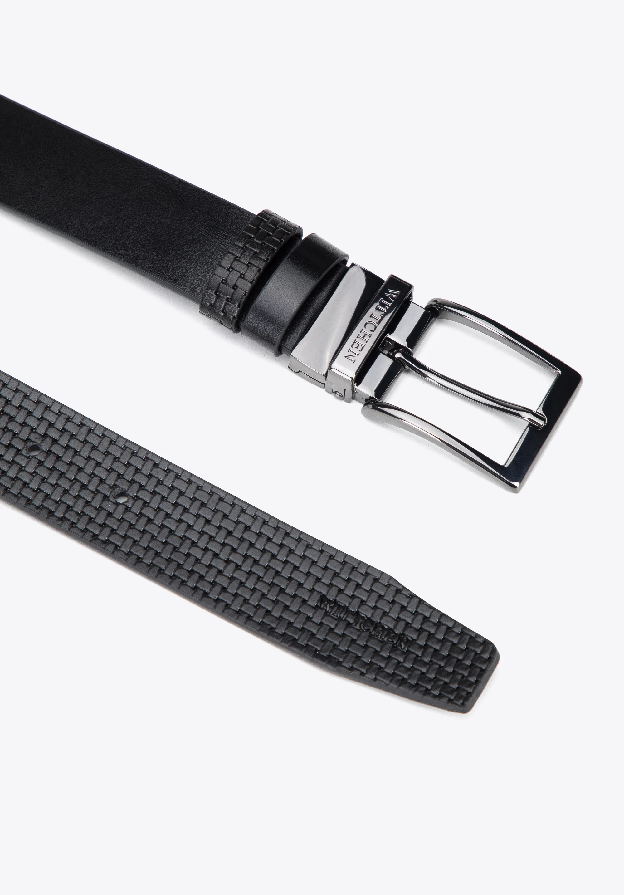 Męski pasek skórzany dwustronny z tłoczeniem w plecionkę