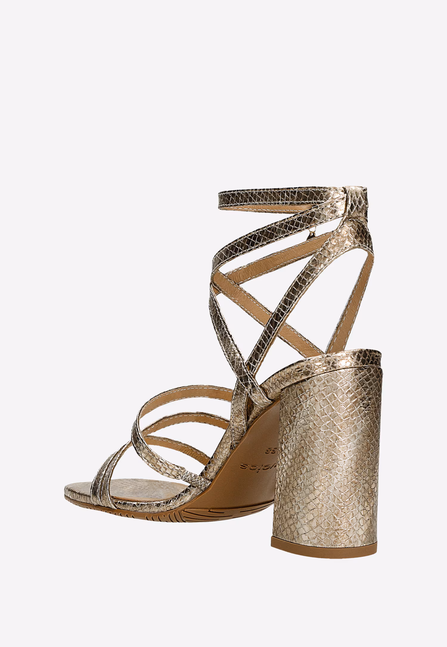 Złote sandały na słupku z tłoczonej skóry