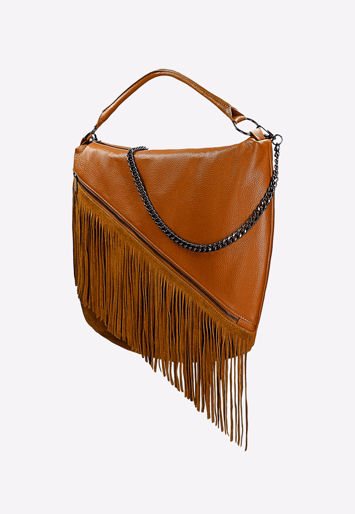 Jasnobrązowa skórzana torebka damska z frędzlami i łańcuchem