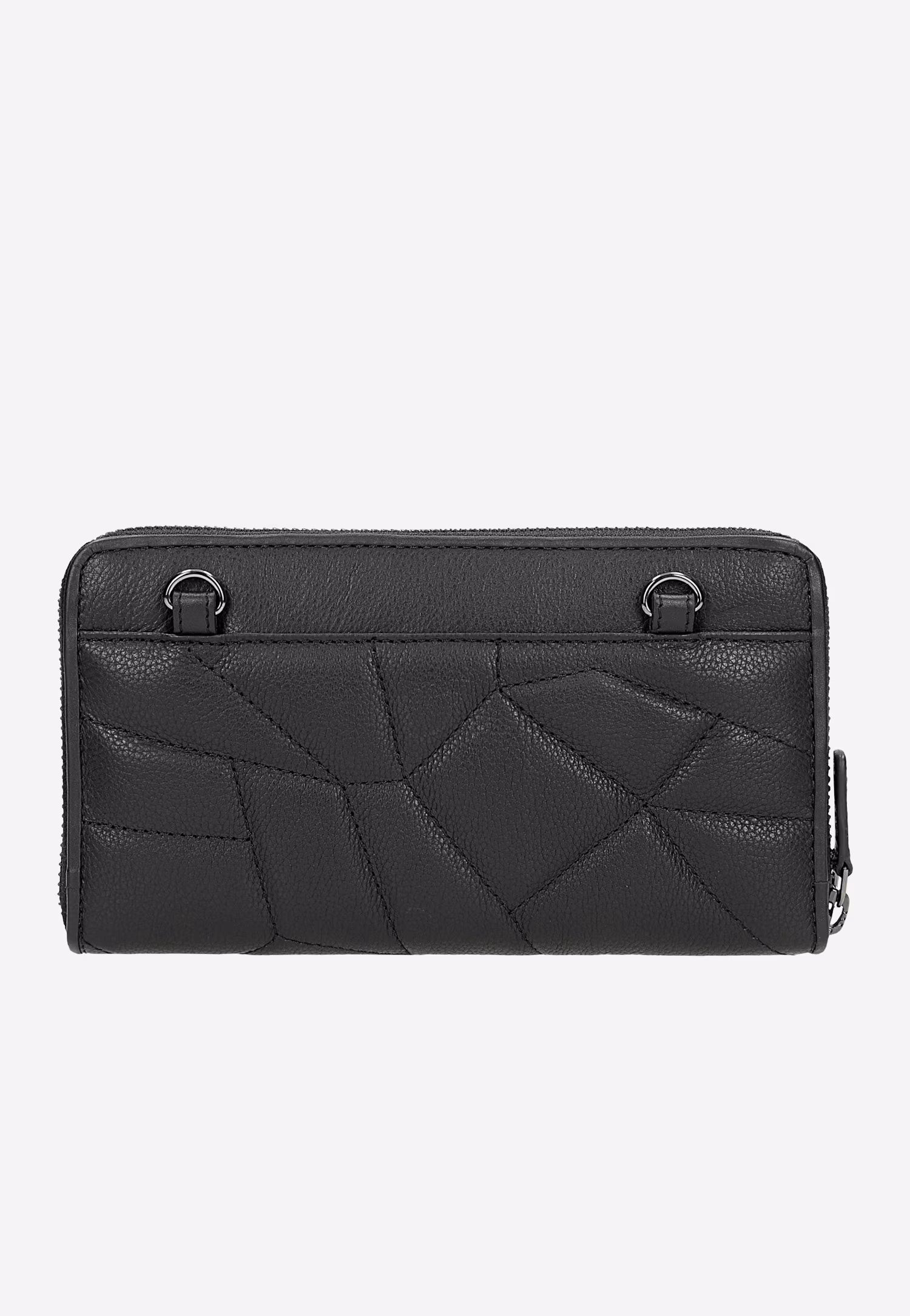 Czarny skórzany portfel z geometrycznym pikowaniem z paskiem
