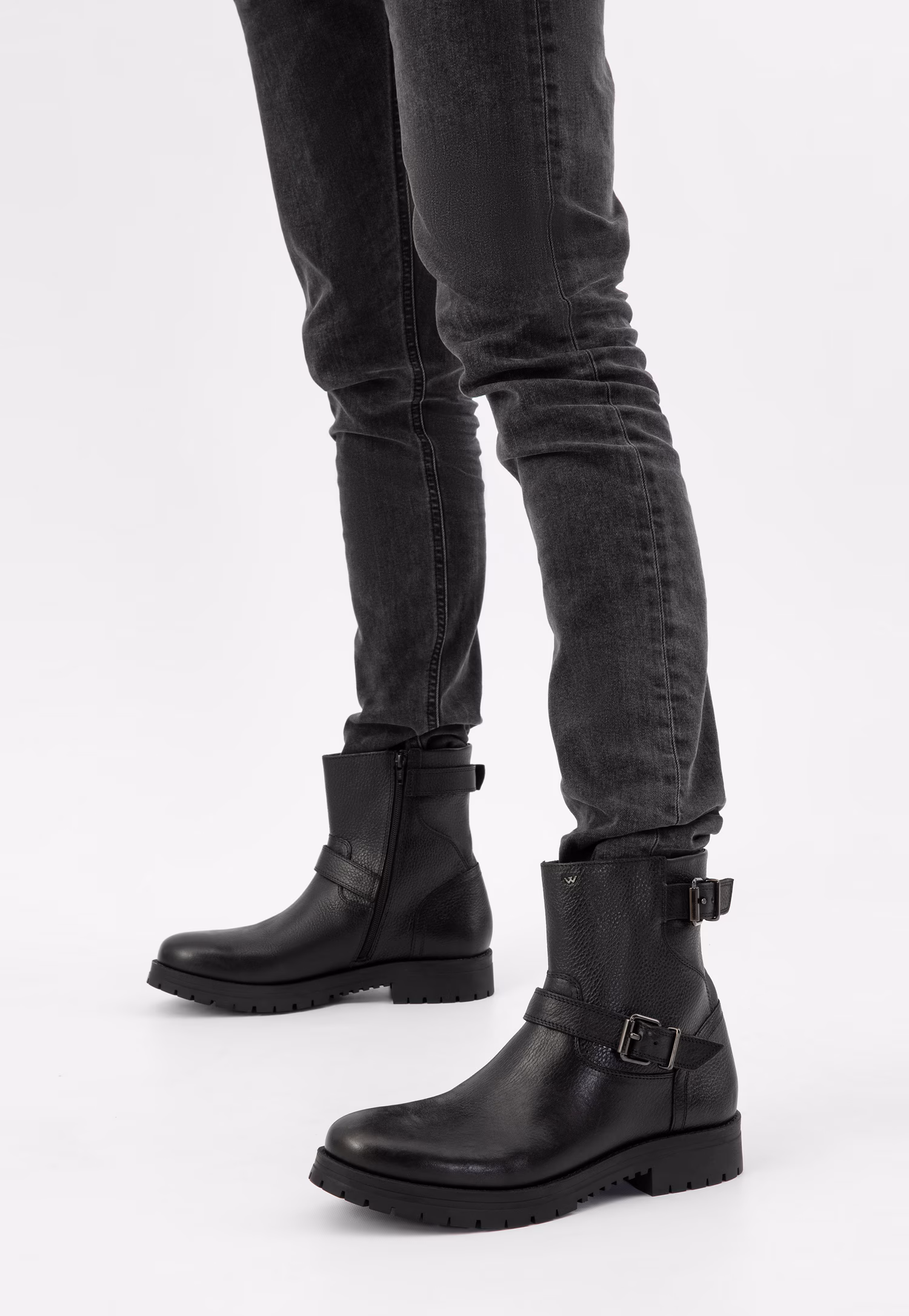 Czarne męskie bikery ze skóry licowej