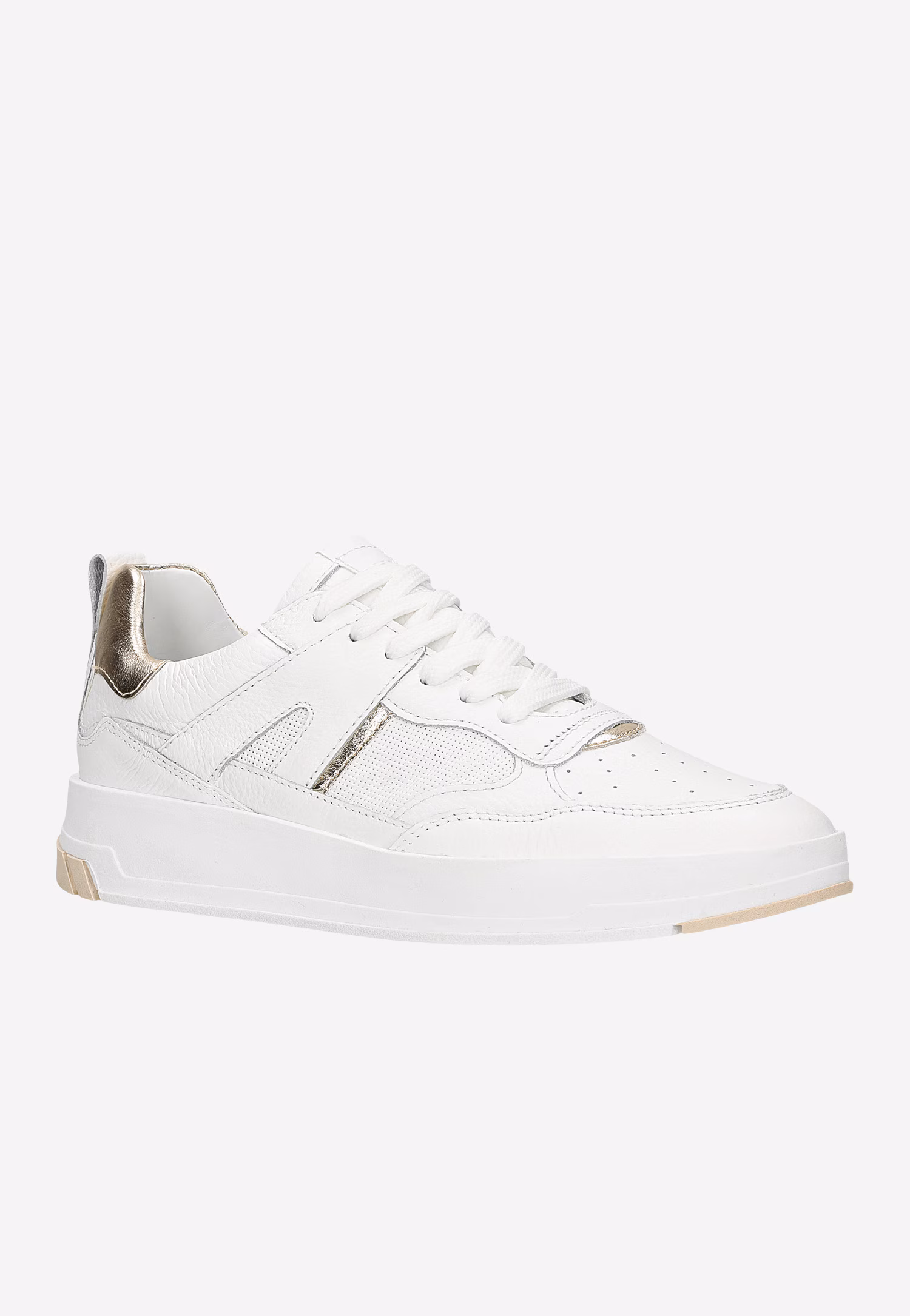 Białe skórzane trampki damskie ze złotymi akcentami