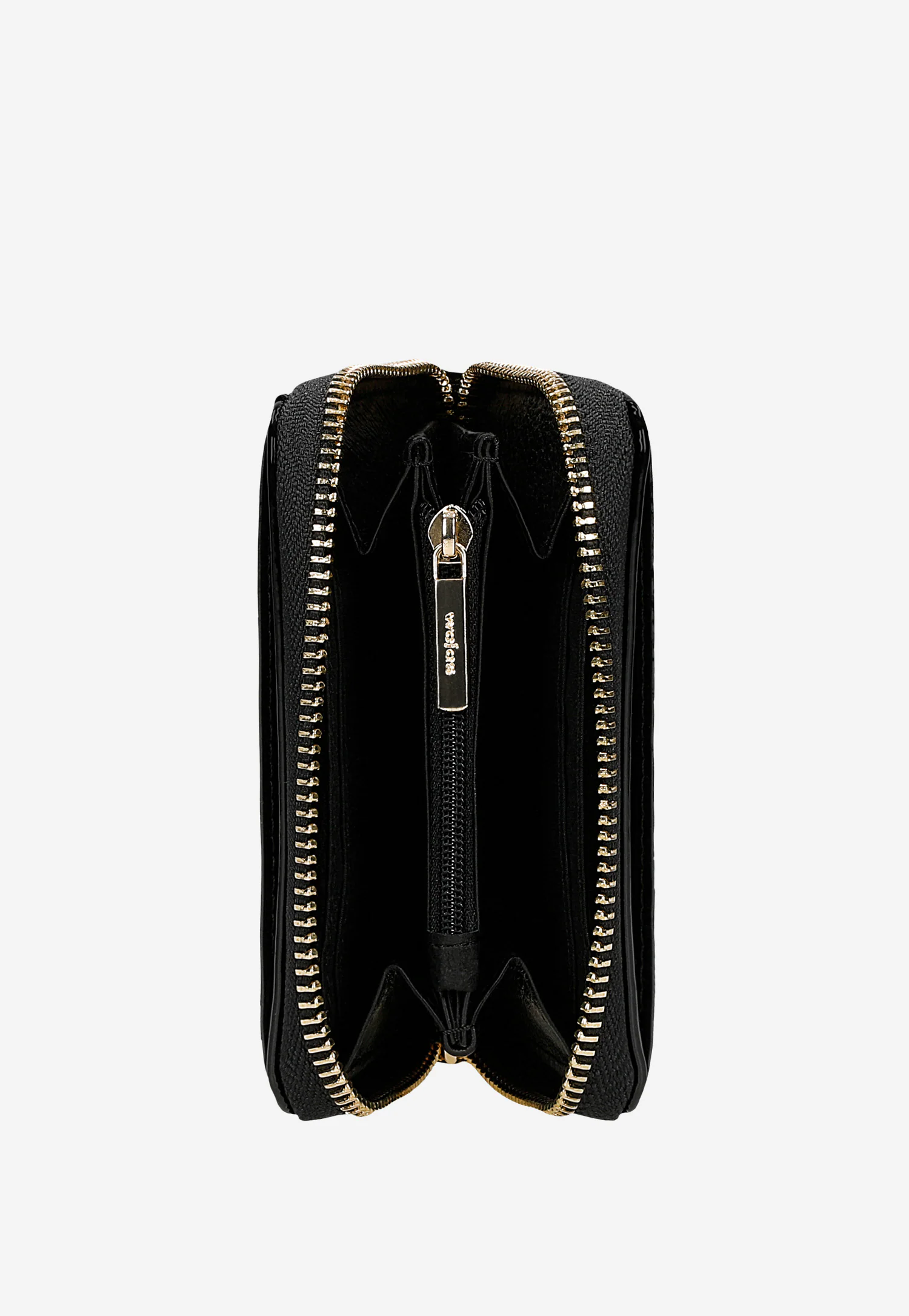 Mały czarny lakierowany portfel damski