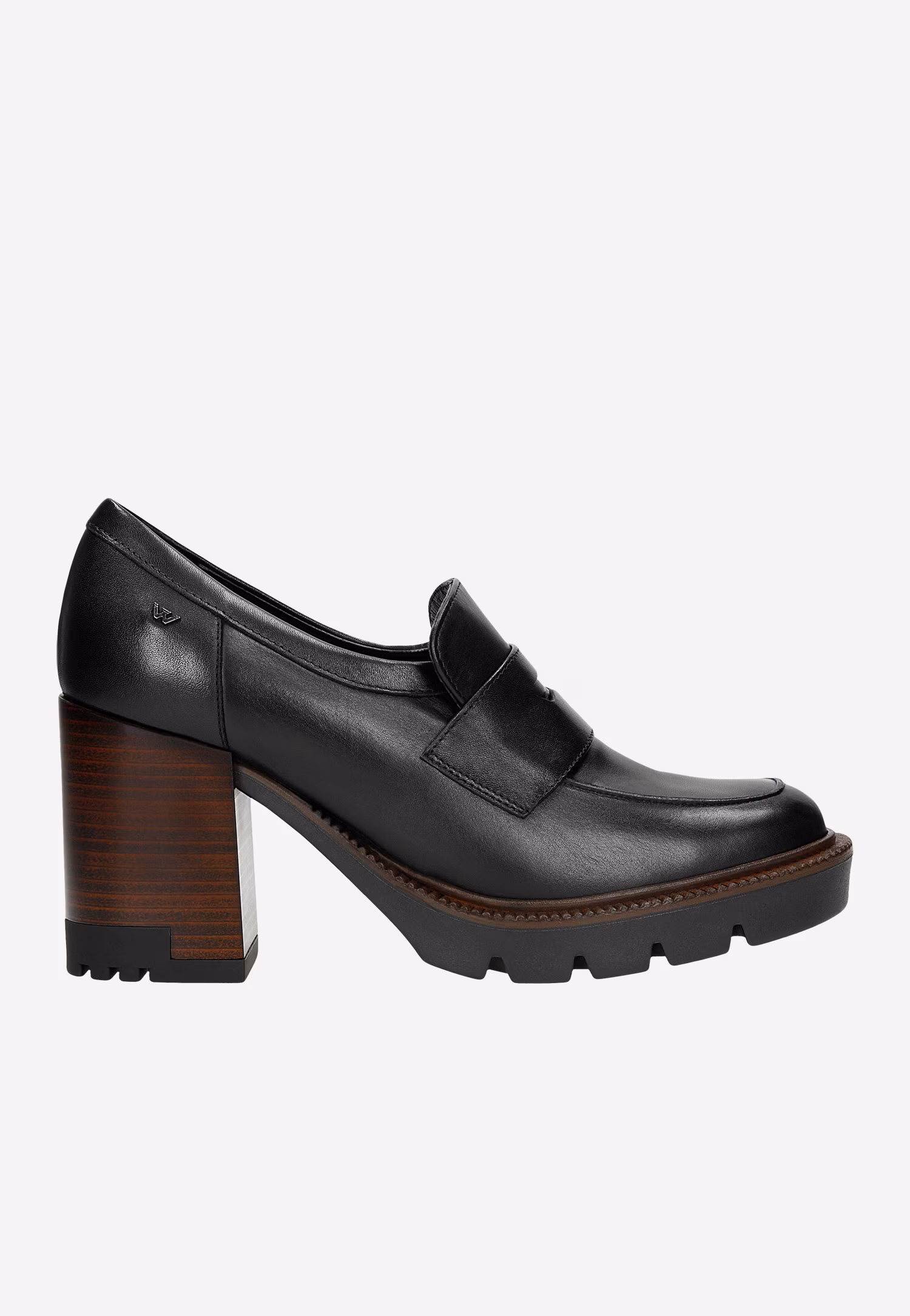 Czarne mokasyny damskie na wysokim obcasie i podeszwie z bieżnikiem