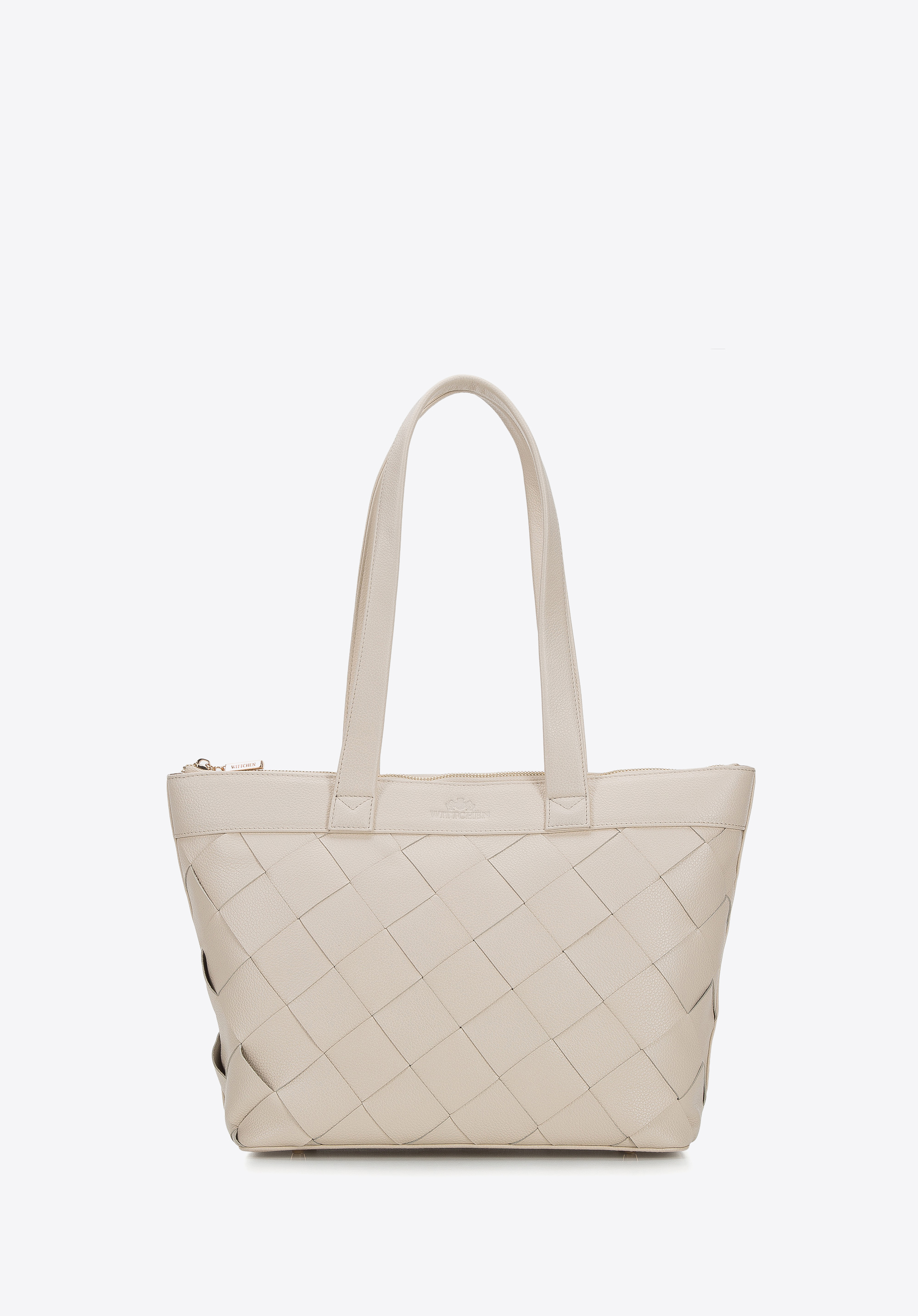 Damska shopperka skórzana trapezowa z plecionką