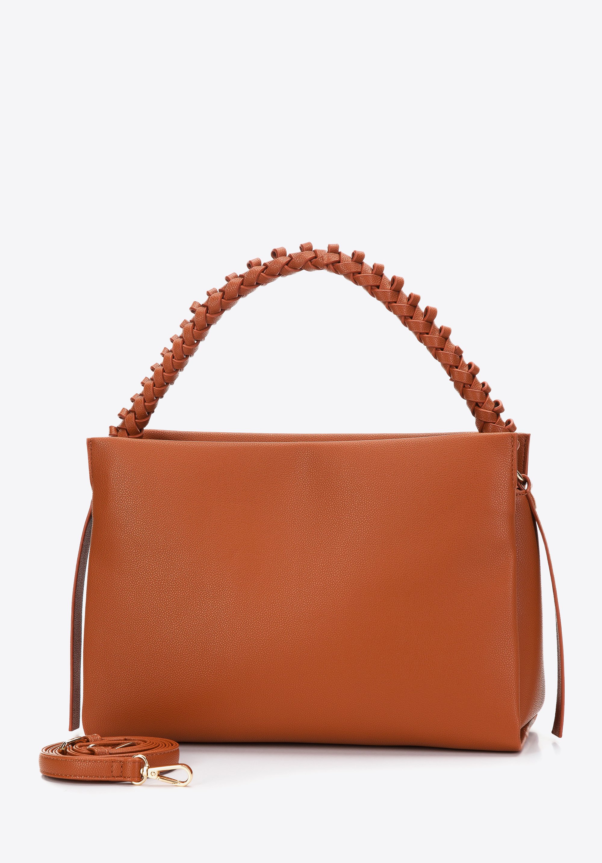 Torebka worek z ekoskóry trzykomorowa z plecioną rączką