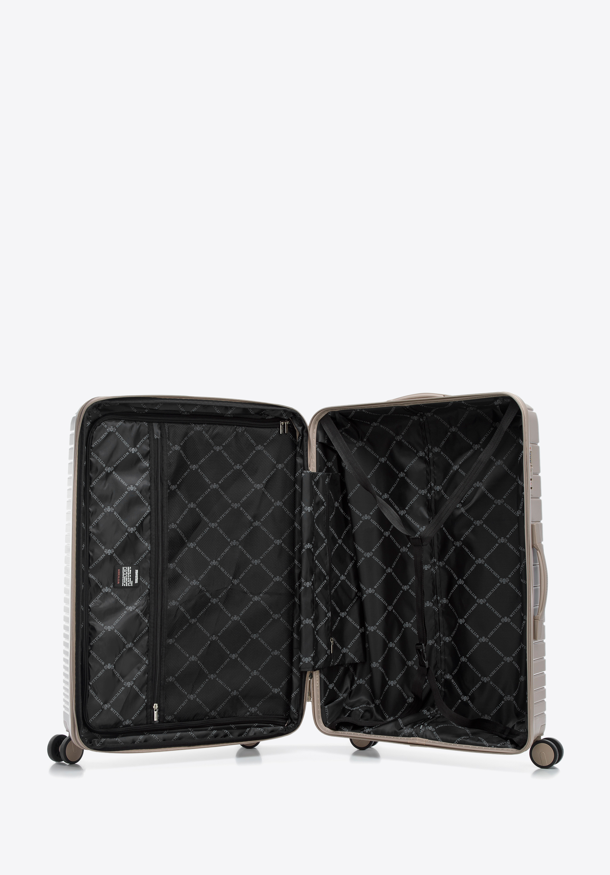 Duża walizka z polipropylenu z błyszczącymi paskami