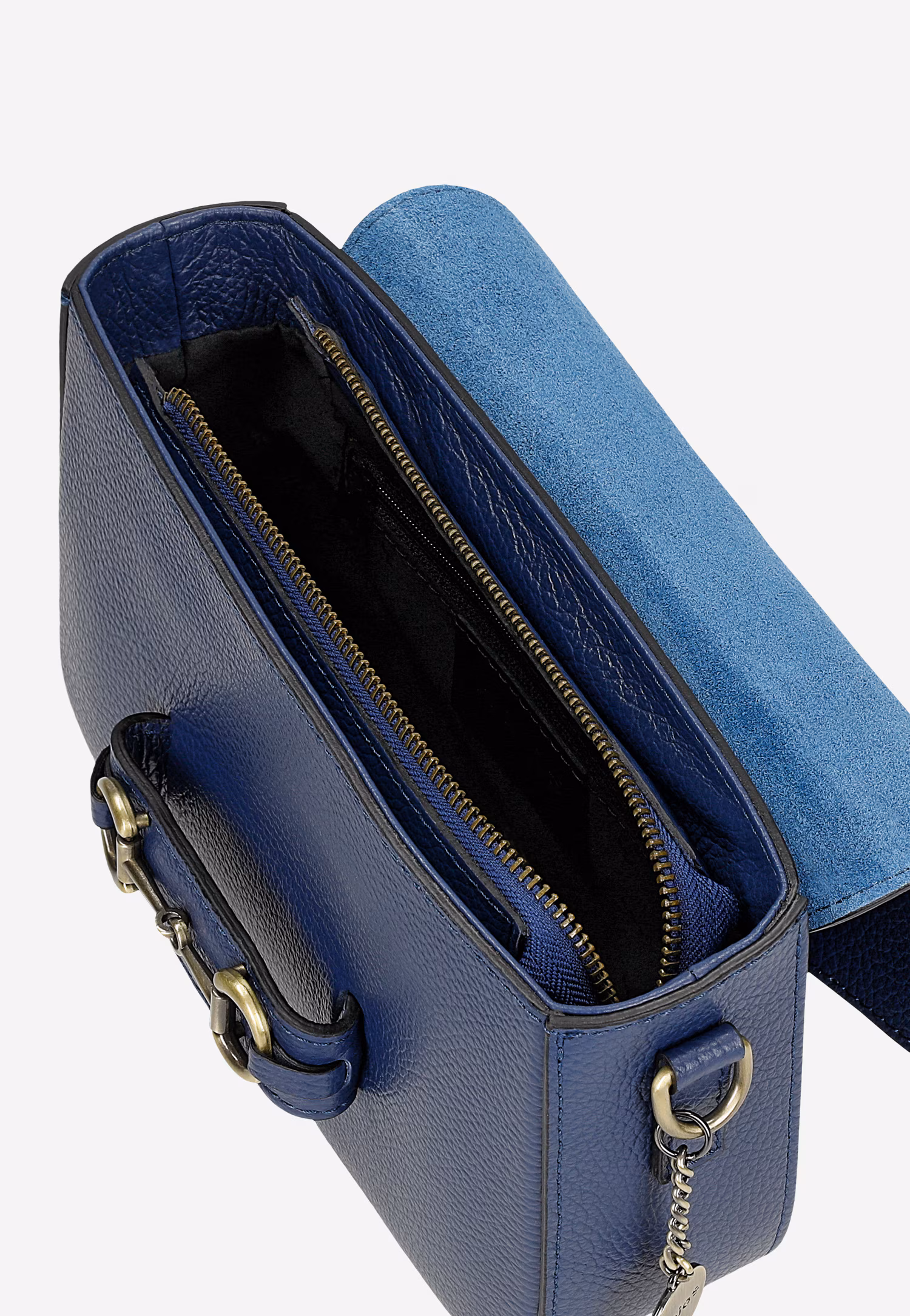 Granatowa skórzana torebka damska ze złotymi elementami