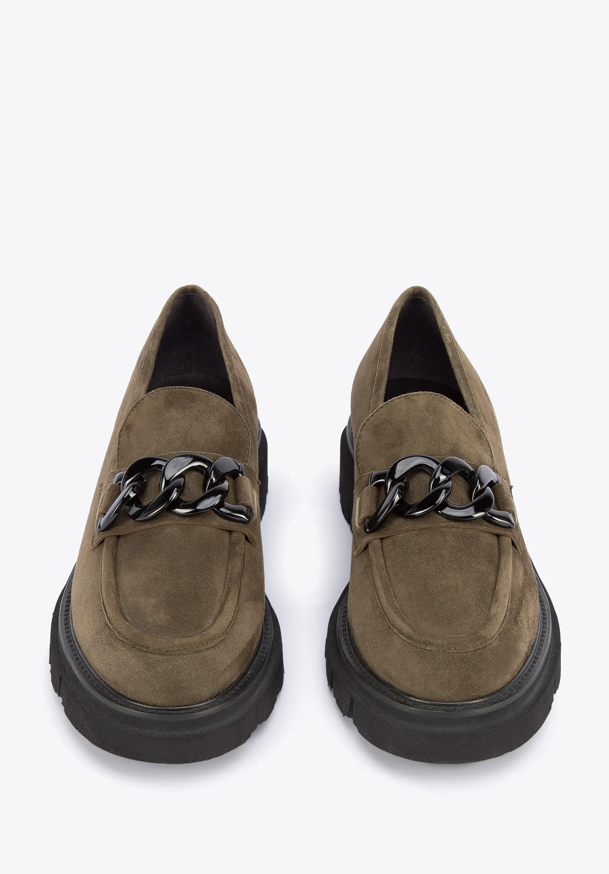 Damskie mokasyny zamszowe z łańcuchem