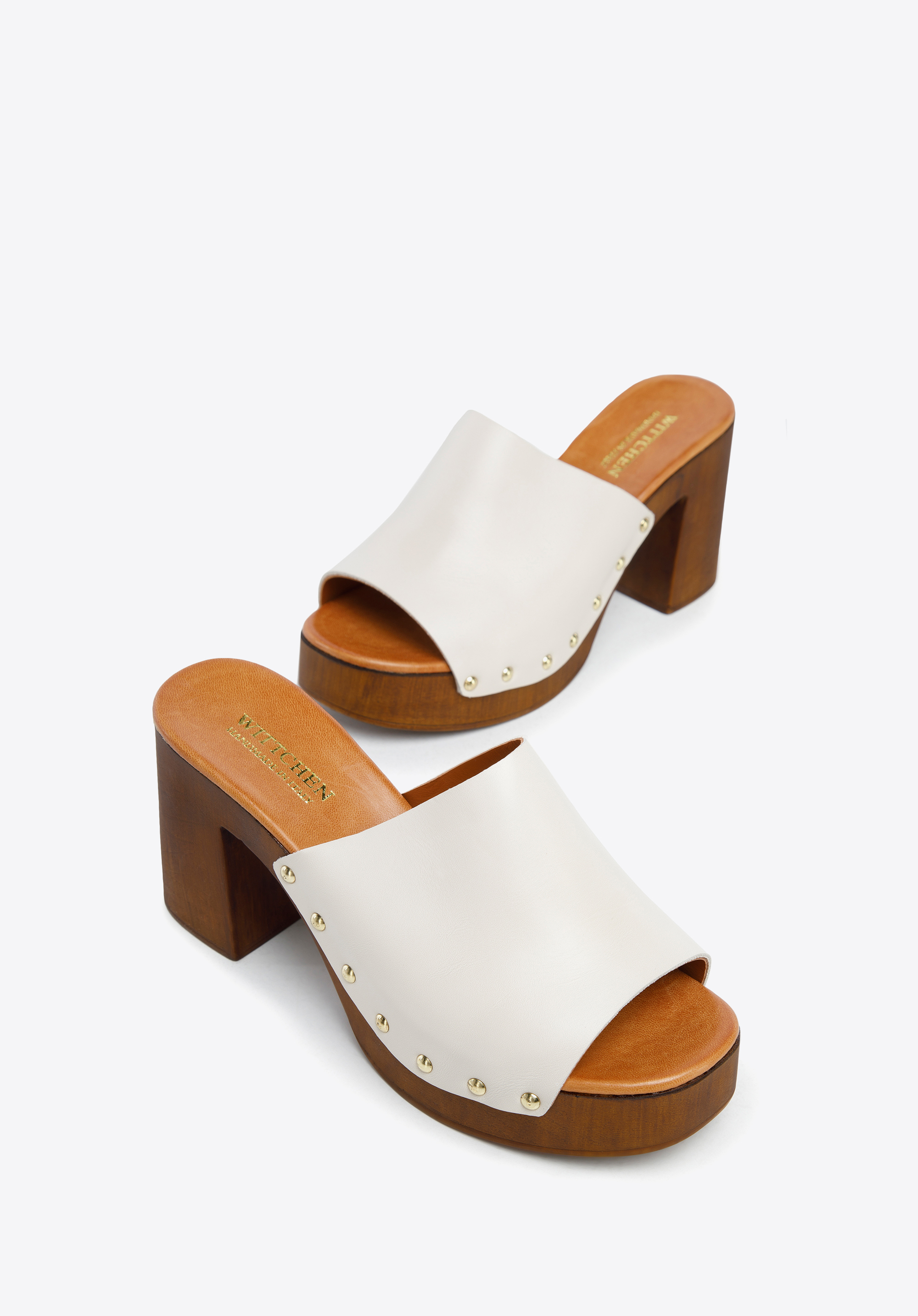 Damskie klapki skórzane na słupku z imitacji drewna