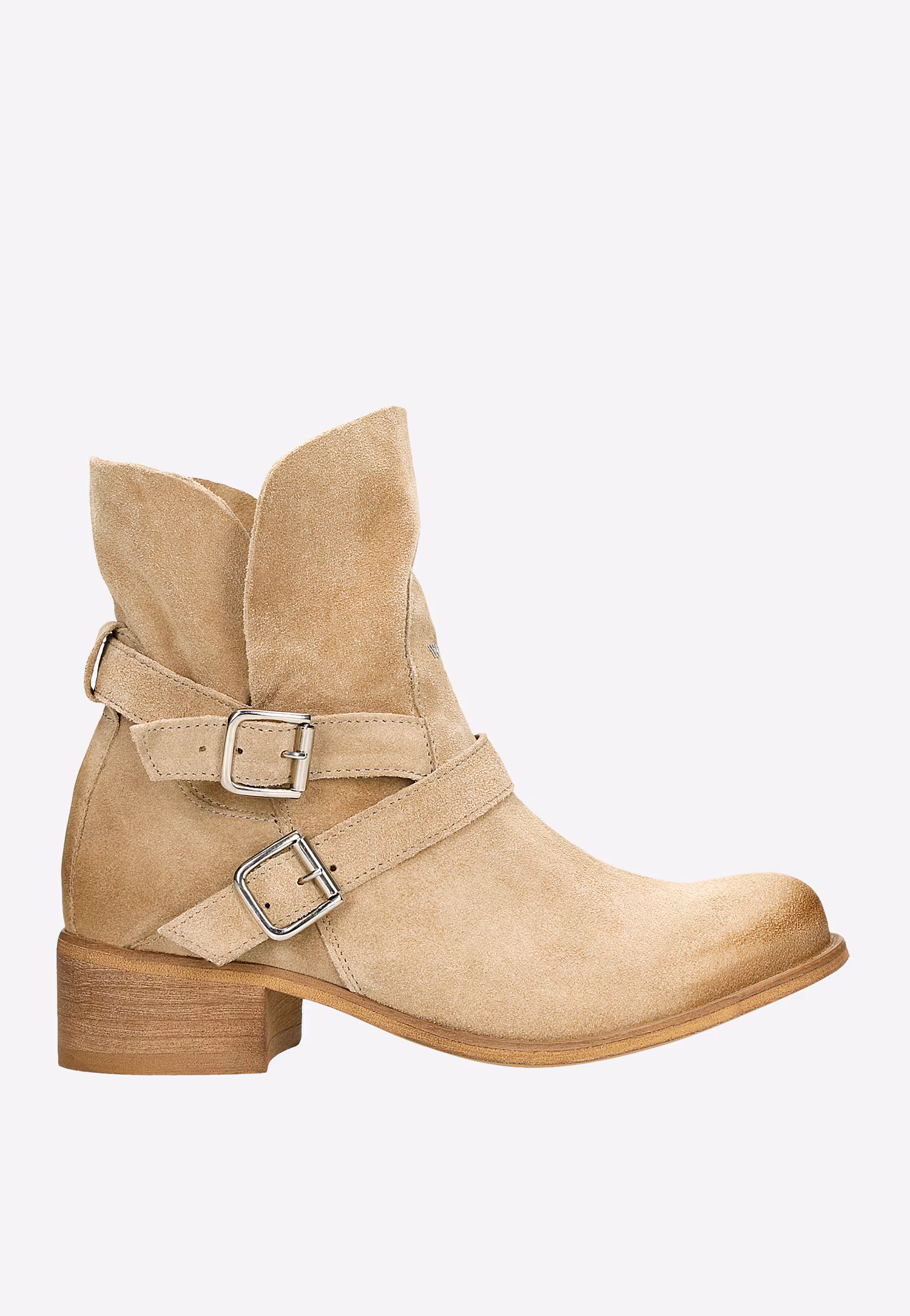 Beżowe botki damskie z ozdobnymi klamrami