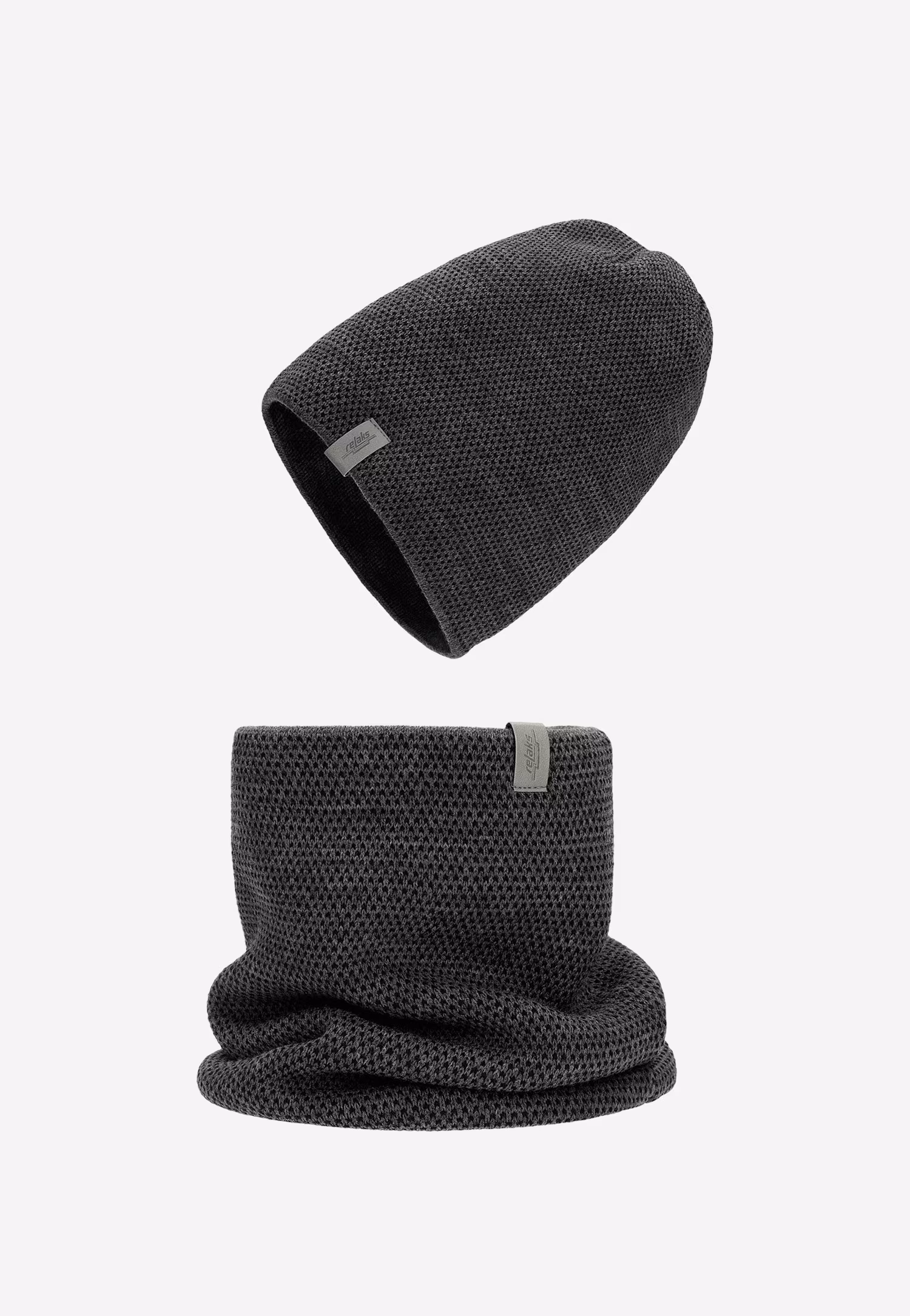 Czarno-popielaty zestaw z wełny merino czapka + komin z ciekawą fakturą