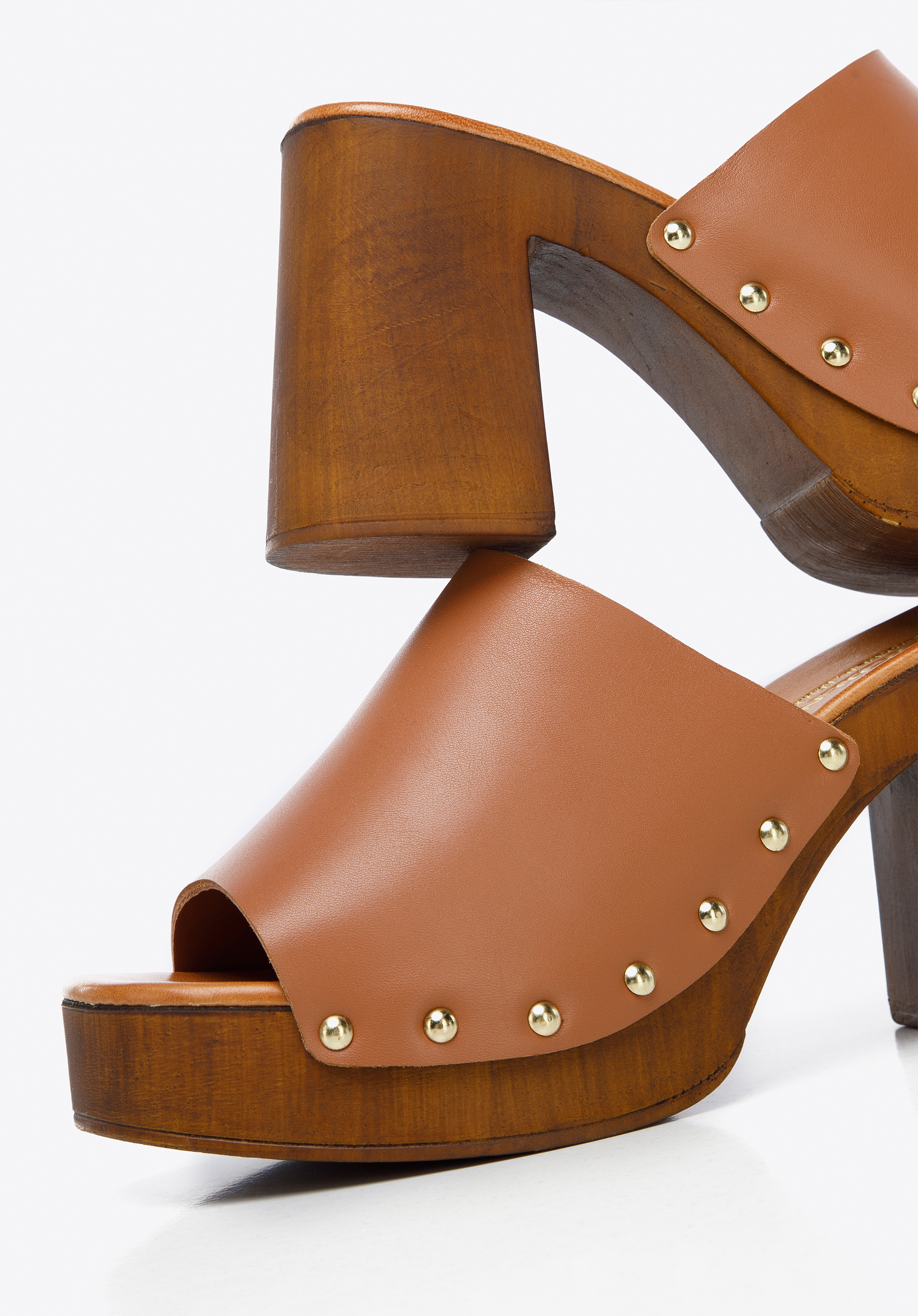 Damskie klapki skórzane na słupku z imitacji drewna