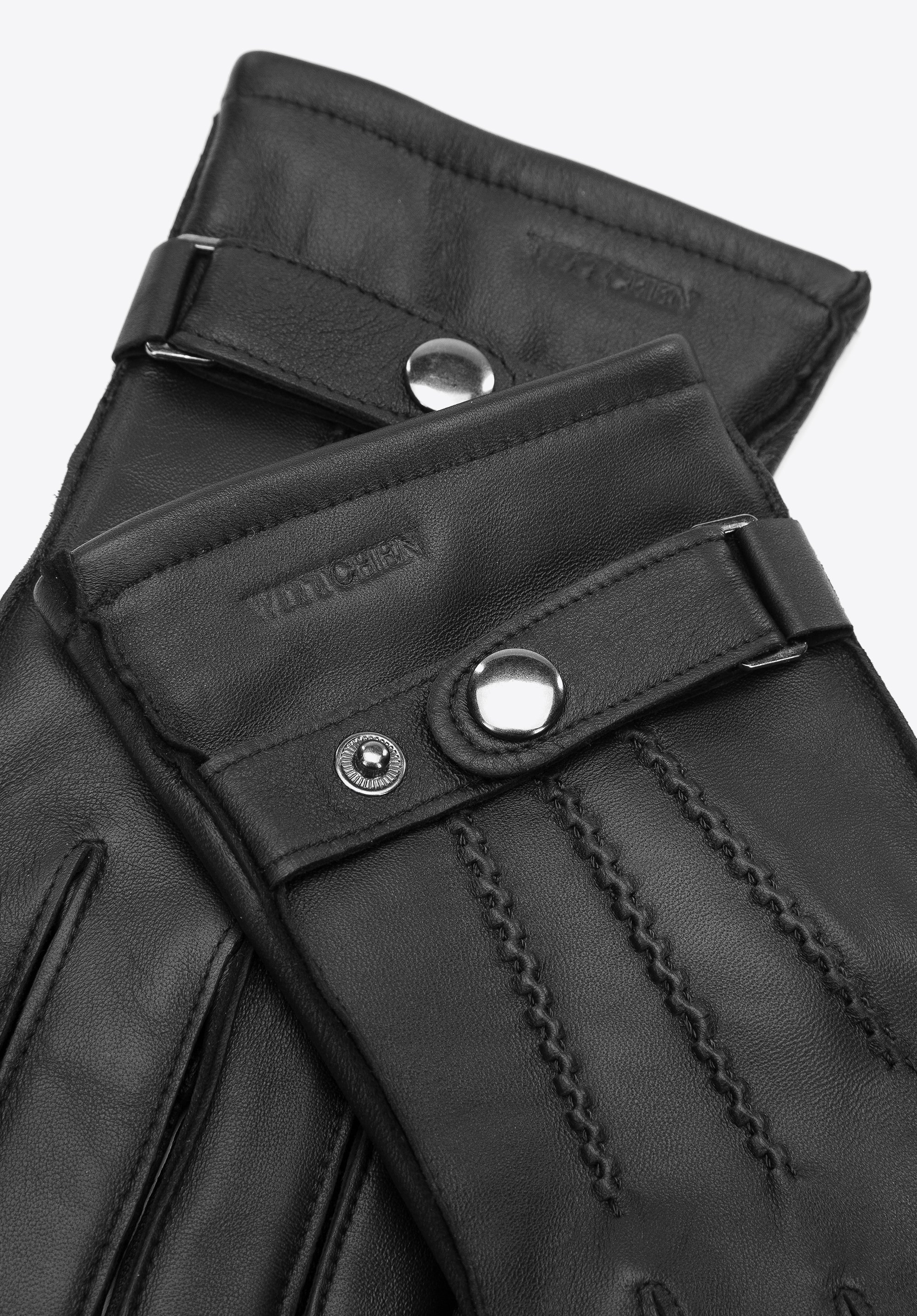 Męskie rękawiczki skórzane z przeszyciami i zapięciem na zatrzask